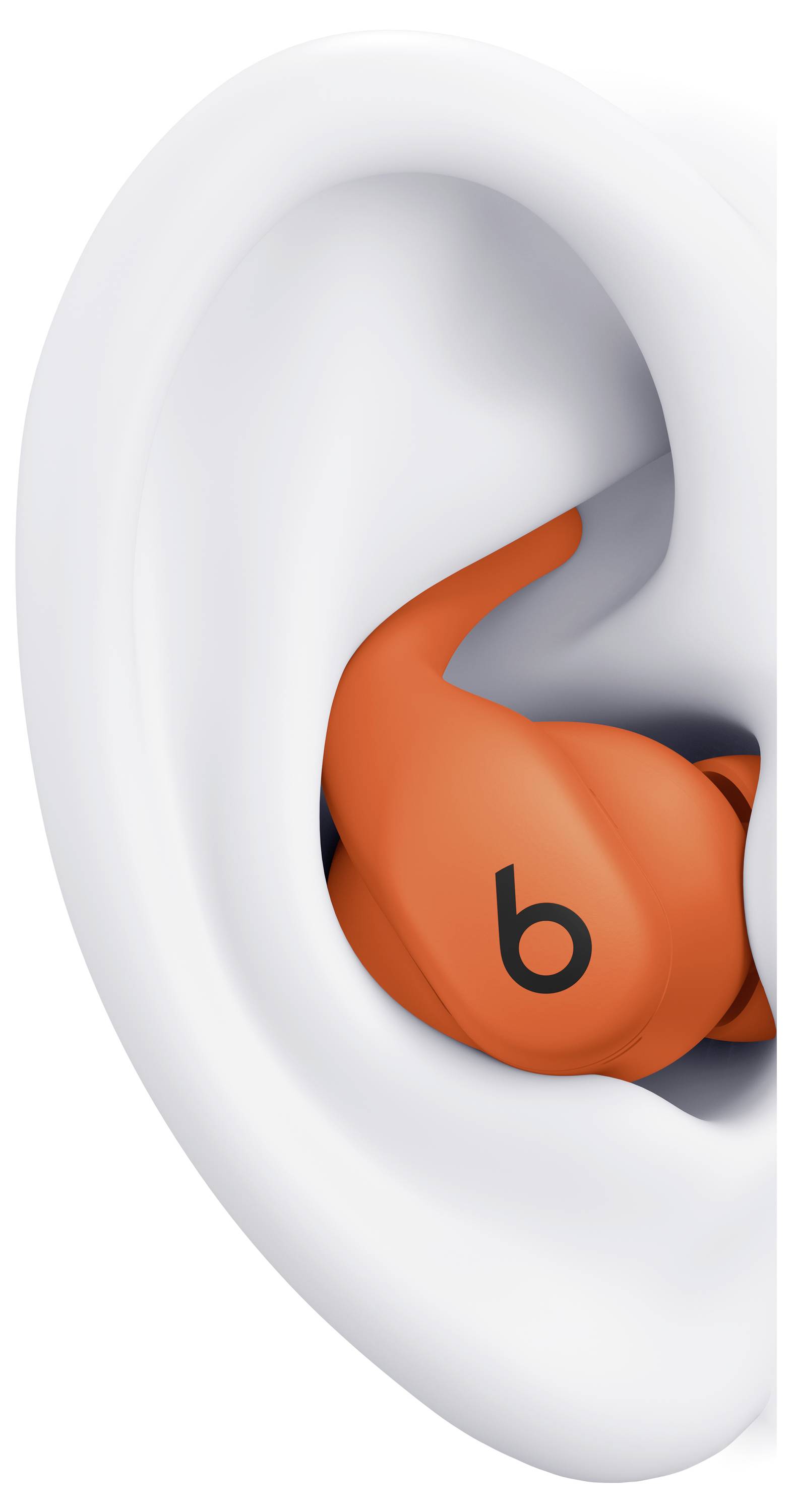 An ear with an orange earbud inserted, featuring a black 'b' logo, highlighting the earbud's fit and design within the ear.