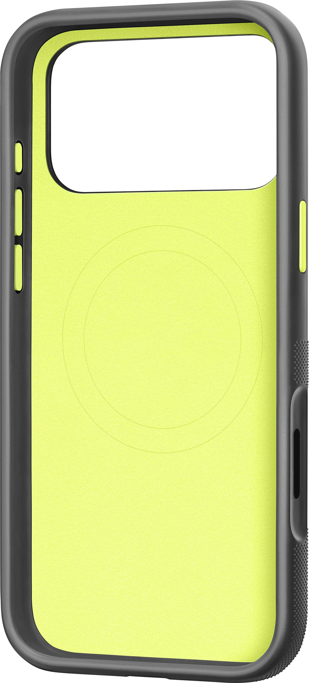 A phone case with a neon yellow back and black border featuring a circular design in the center, viewed from the back side.