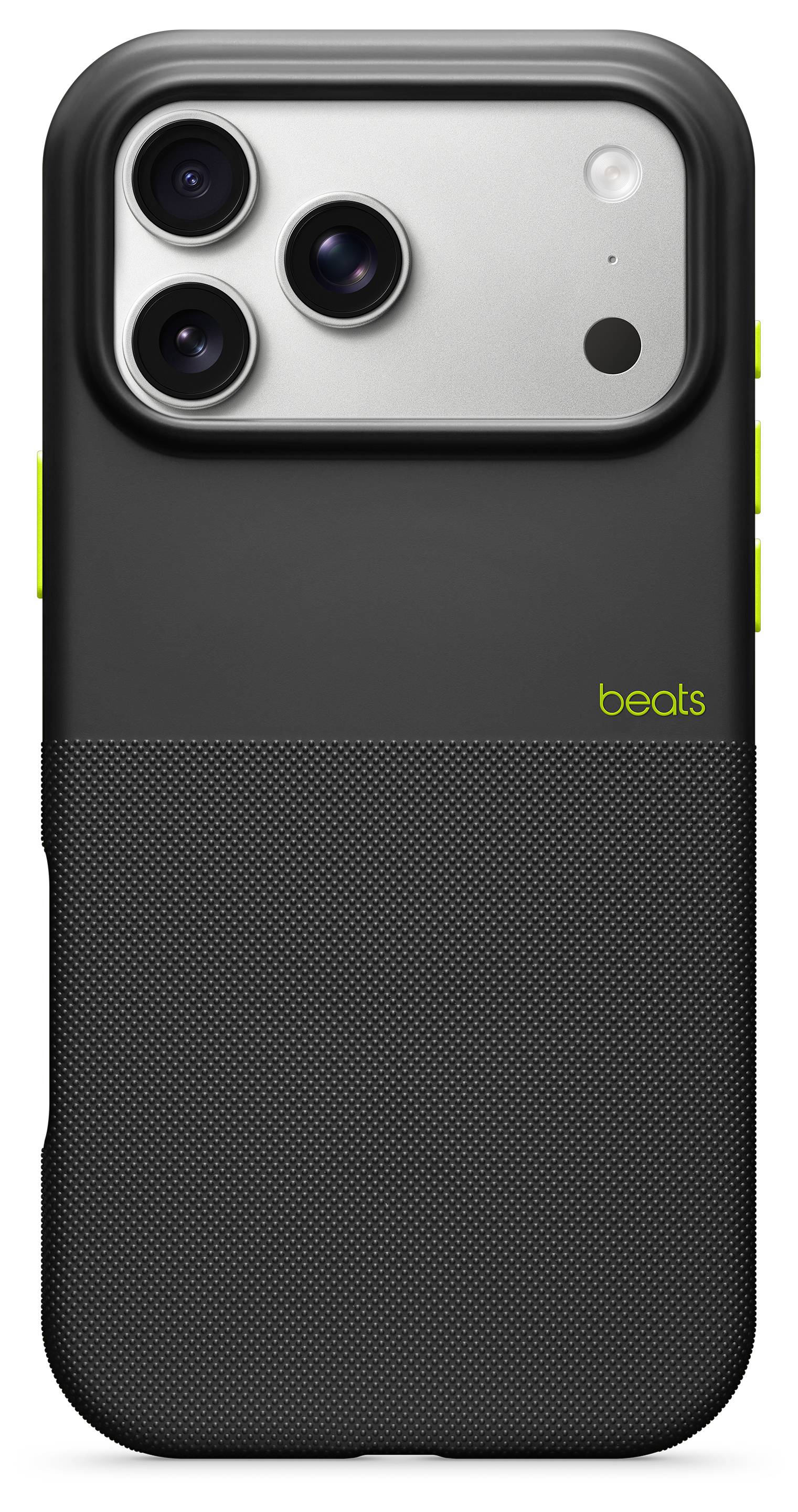 A smartphone with a dual-color black case, featuring three camera lenses and 'beats' logo. The case has a textured lower half and lime green accents.