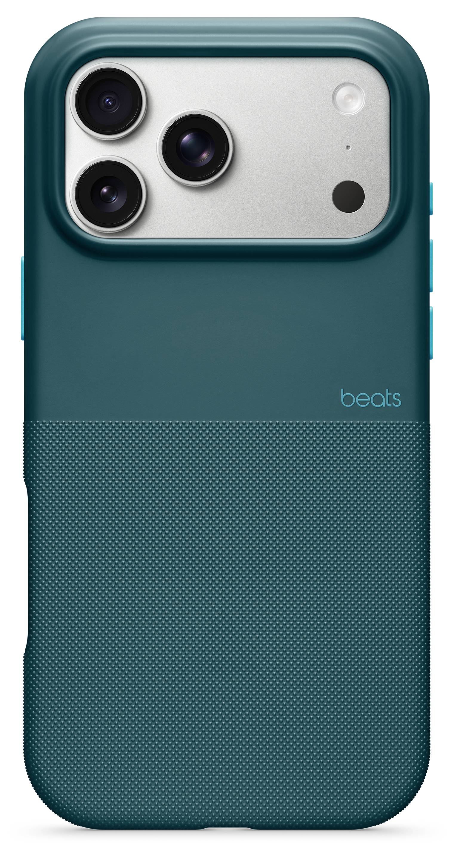 A smartphone with a teal protective case featuring a textured lower half and three camera lenses on the back.