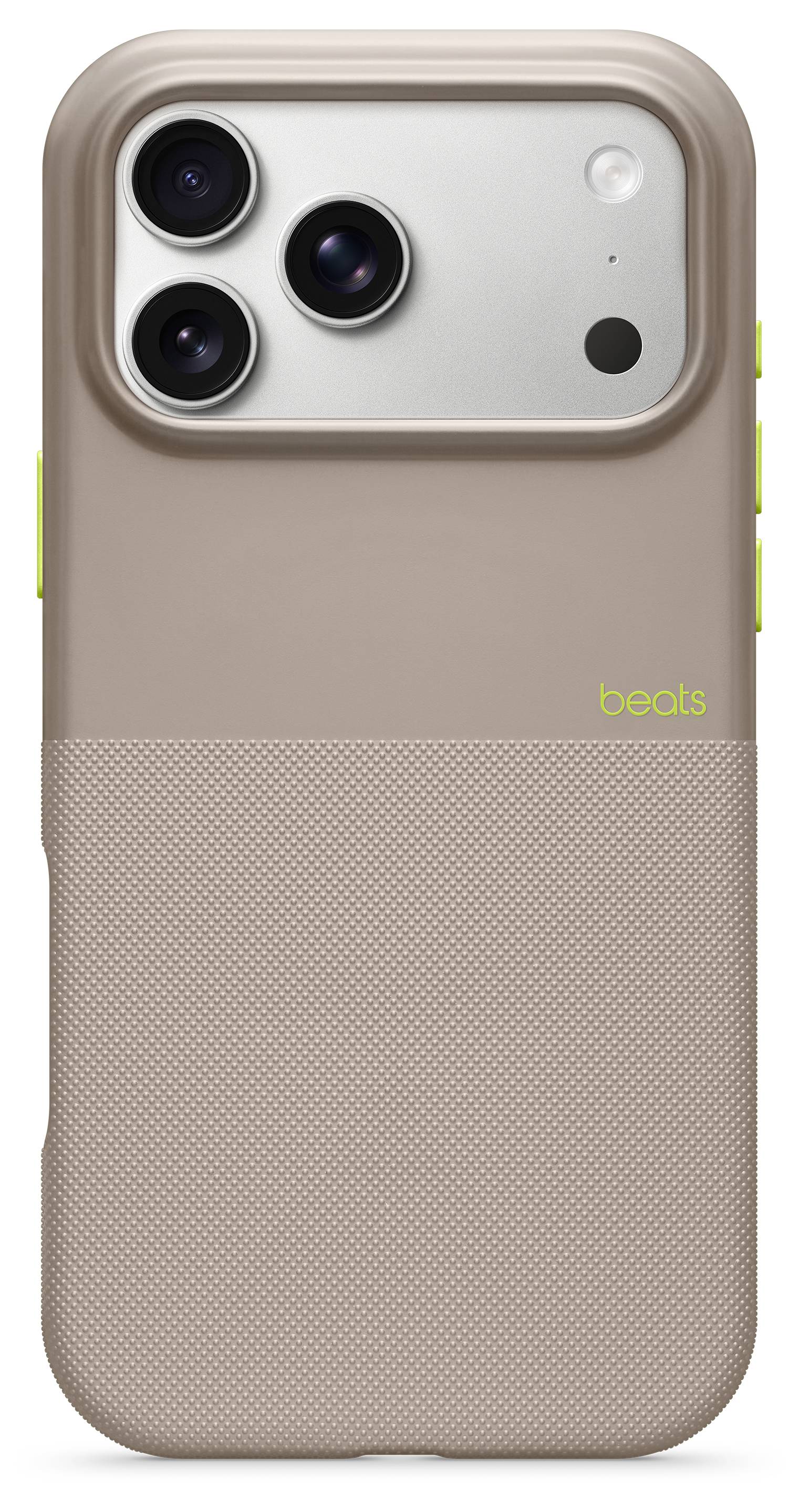 A smartphone with a dual-tone beige and textured back case, featuring triple camera lenses and neon green side buttons labeled 'beats'.