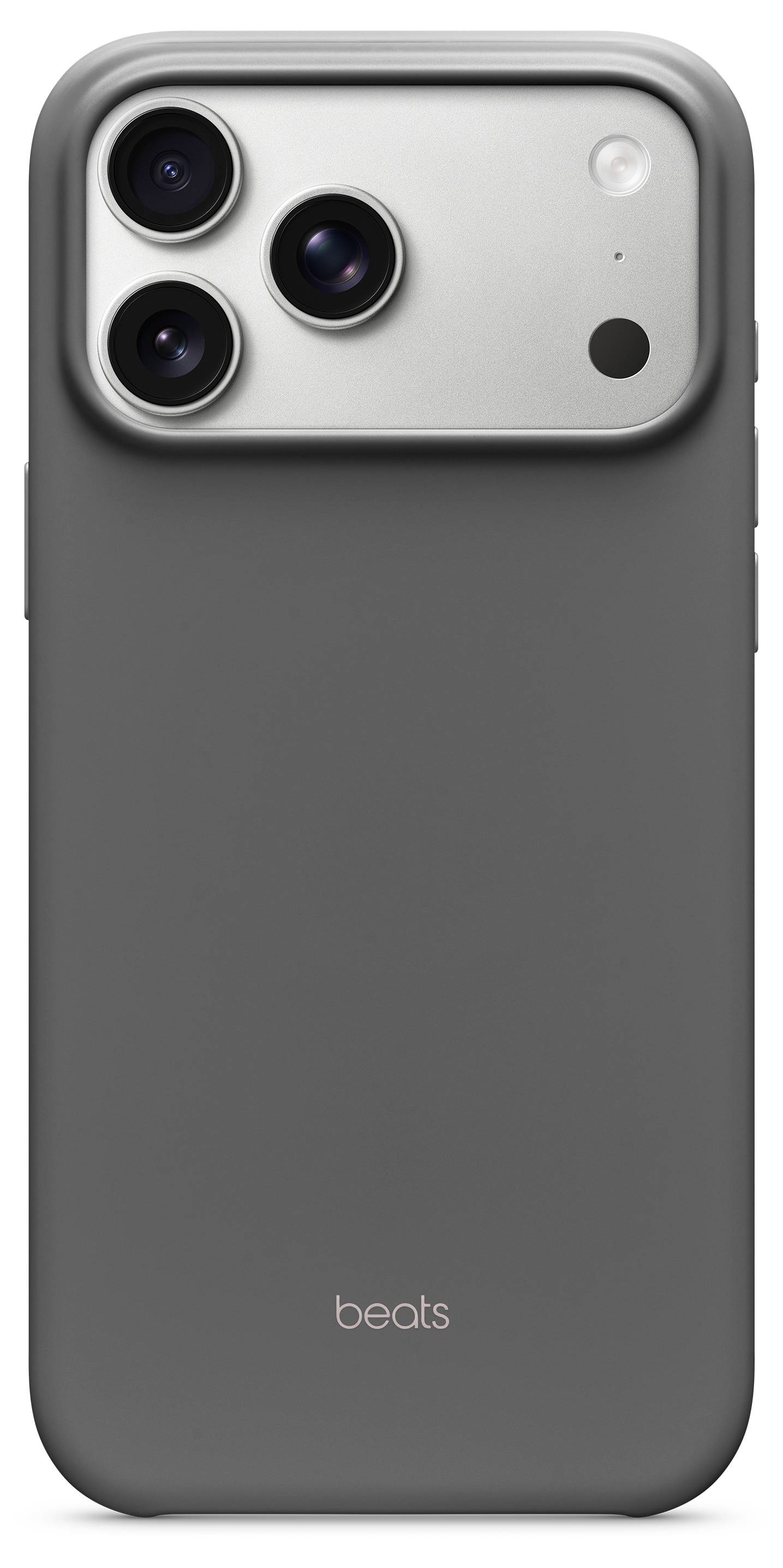 A phone case with a gray, sleek design is shown, featuring a large camera cutout for three lenses and 'beats' logo at the bottom.