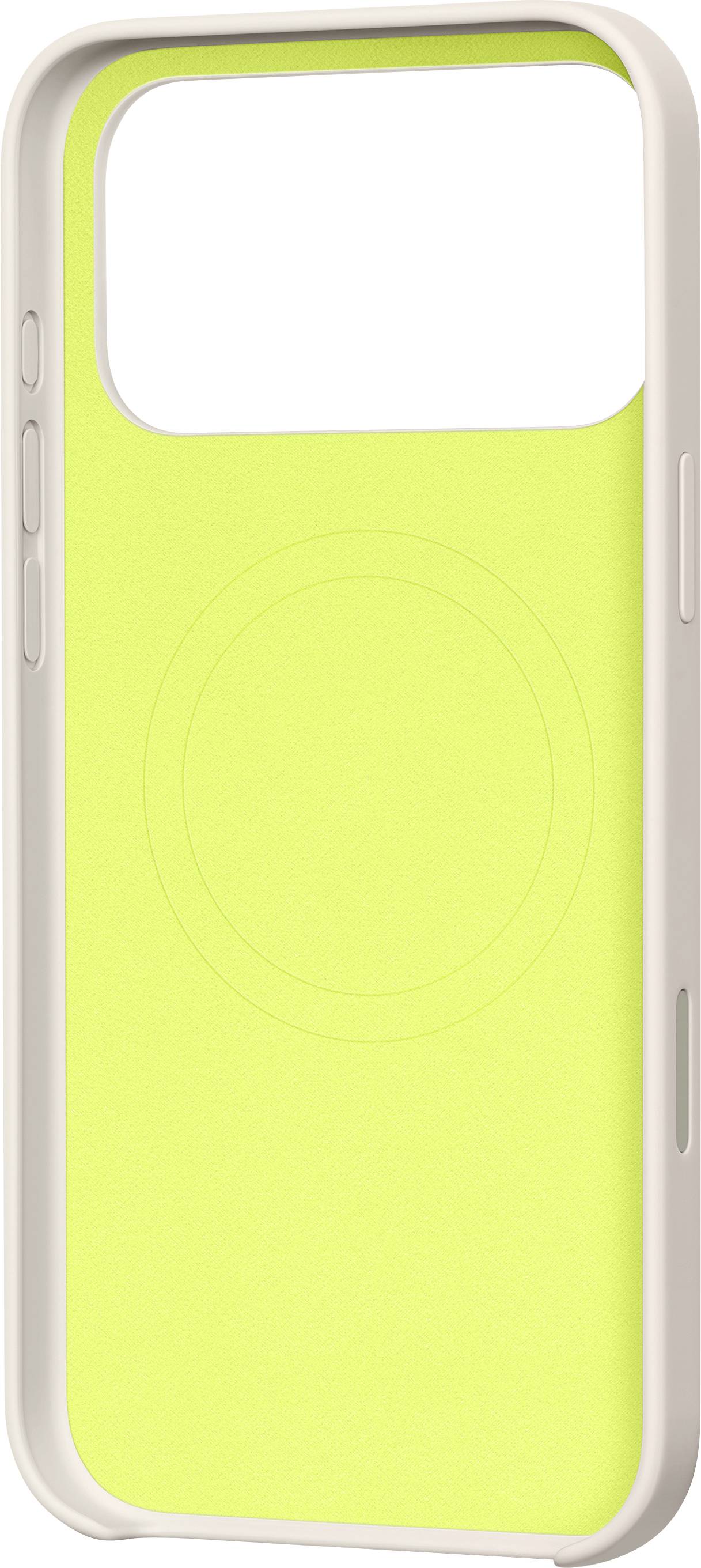 A bright yellow phone case with a beige trim, featuring a circular indentation on the back.