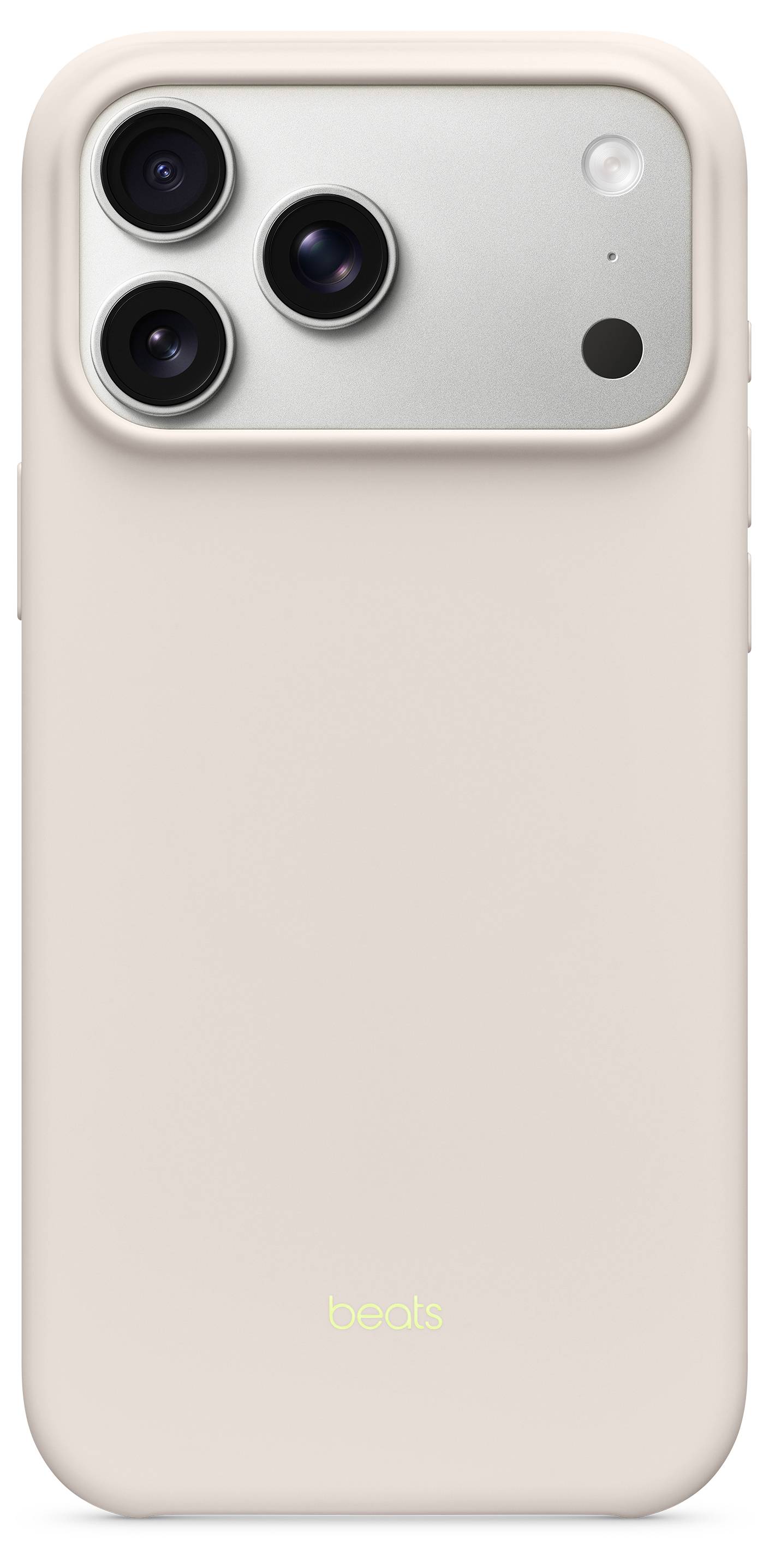 Beige phone case with three camera lenses and brand logo at bottom center.