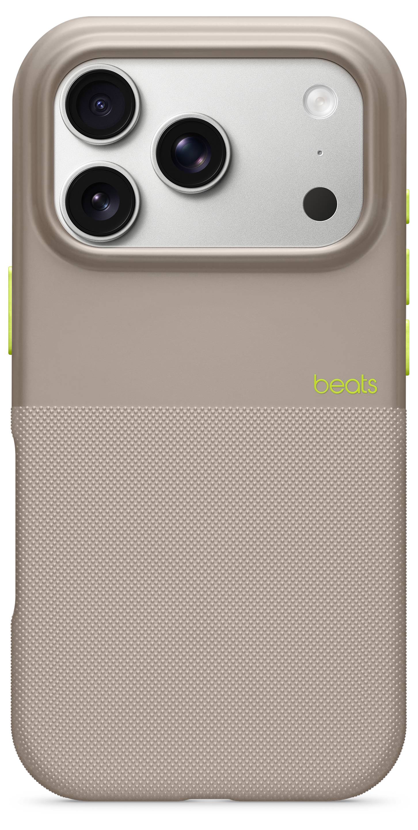A beige phone camera module with three lenses on the upper half, featuring a textured grip and neon accents on the sides.