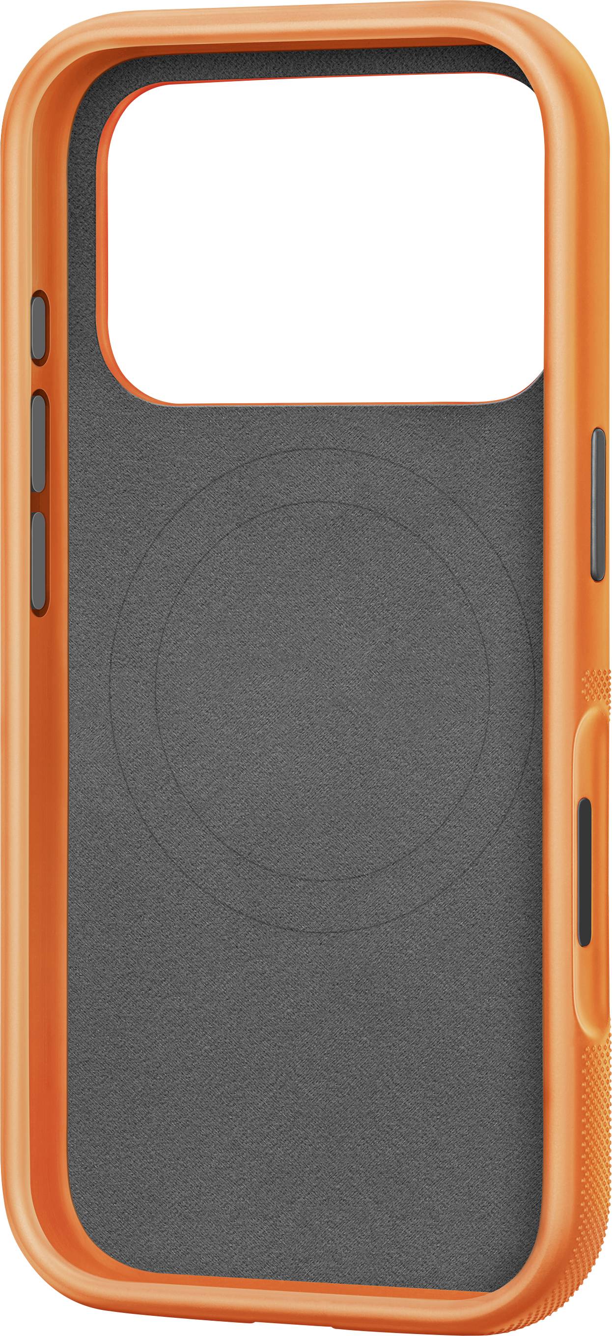An orange smartphone case with cutouts for buttons, camera, and charging port, featuring a raised edge for screen protection.