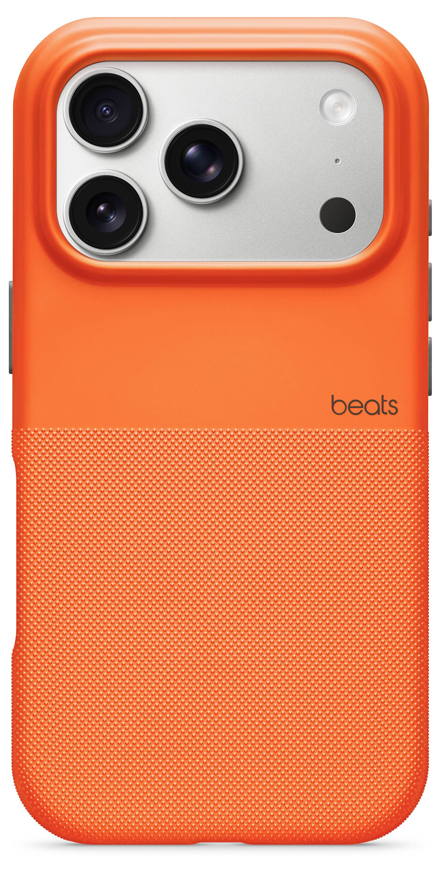 'Orange phone case featuring an embossed texture and the word "beats" near the bottom; designed for a device with three camera lenses.'