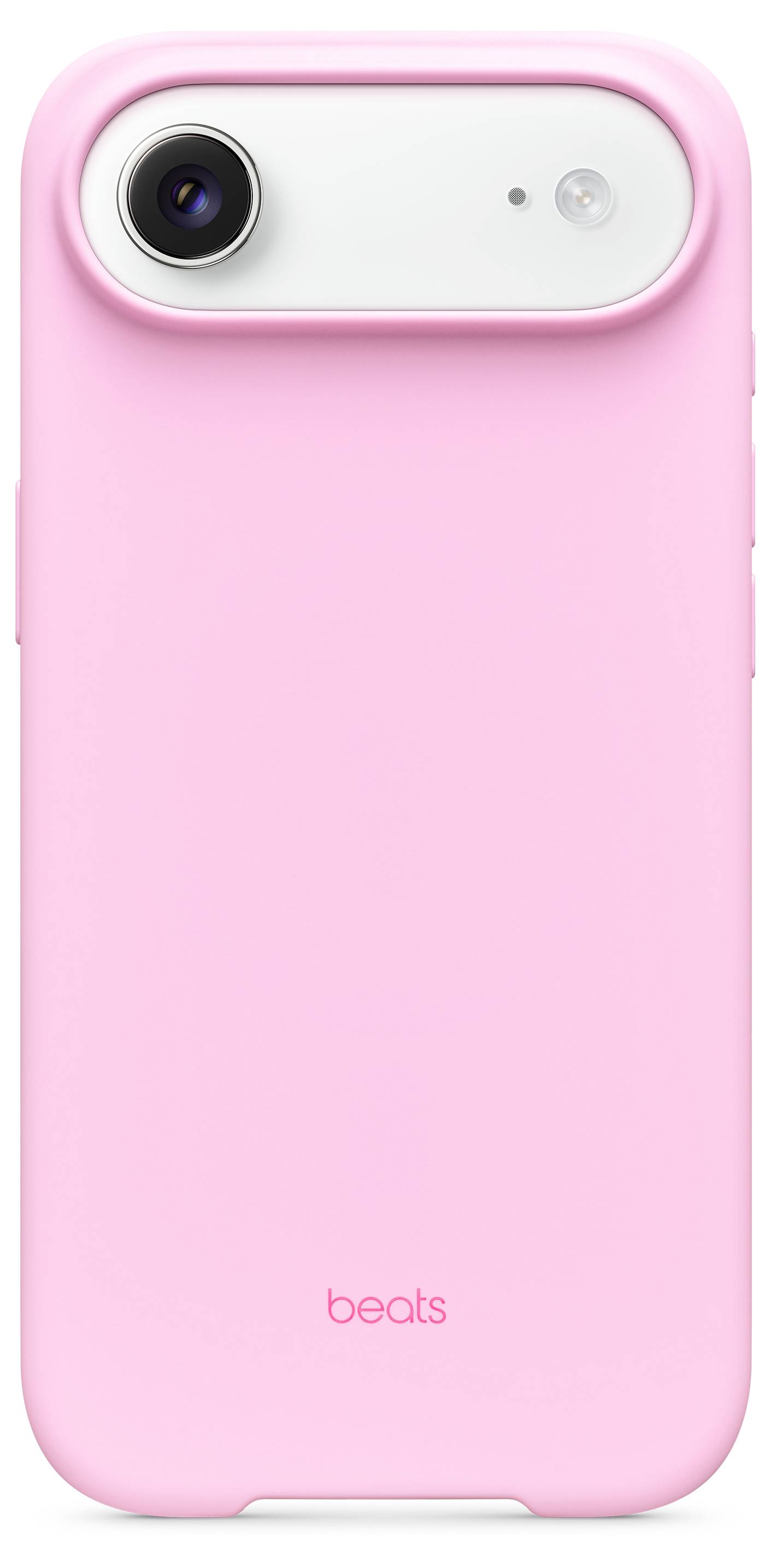 A pink phone case with 'beats' logo at the bottom, designed for a smartphone, featuring a camera and flash cutout on the top-left.