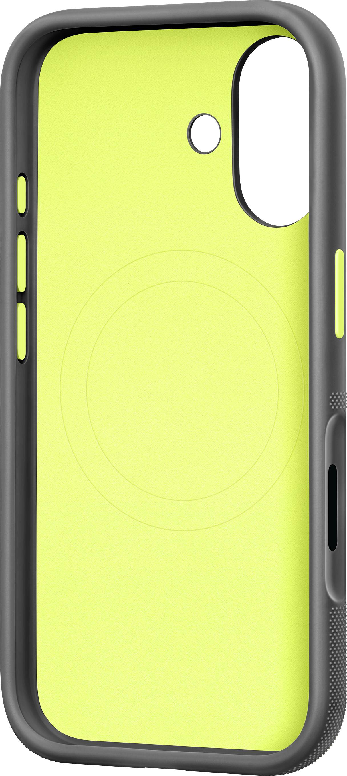 A neon green protective phone case with a black frame, featuring button cutouts and an open camera area.