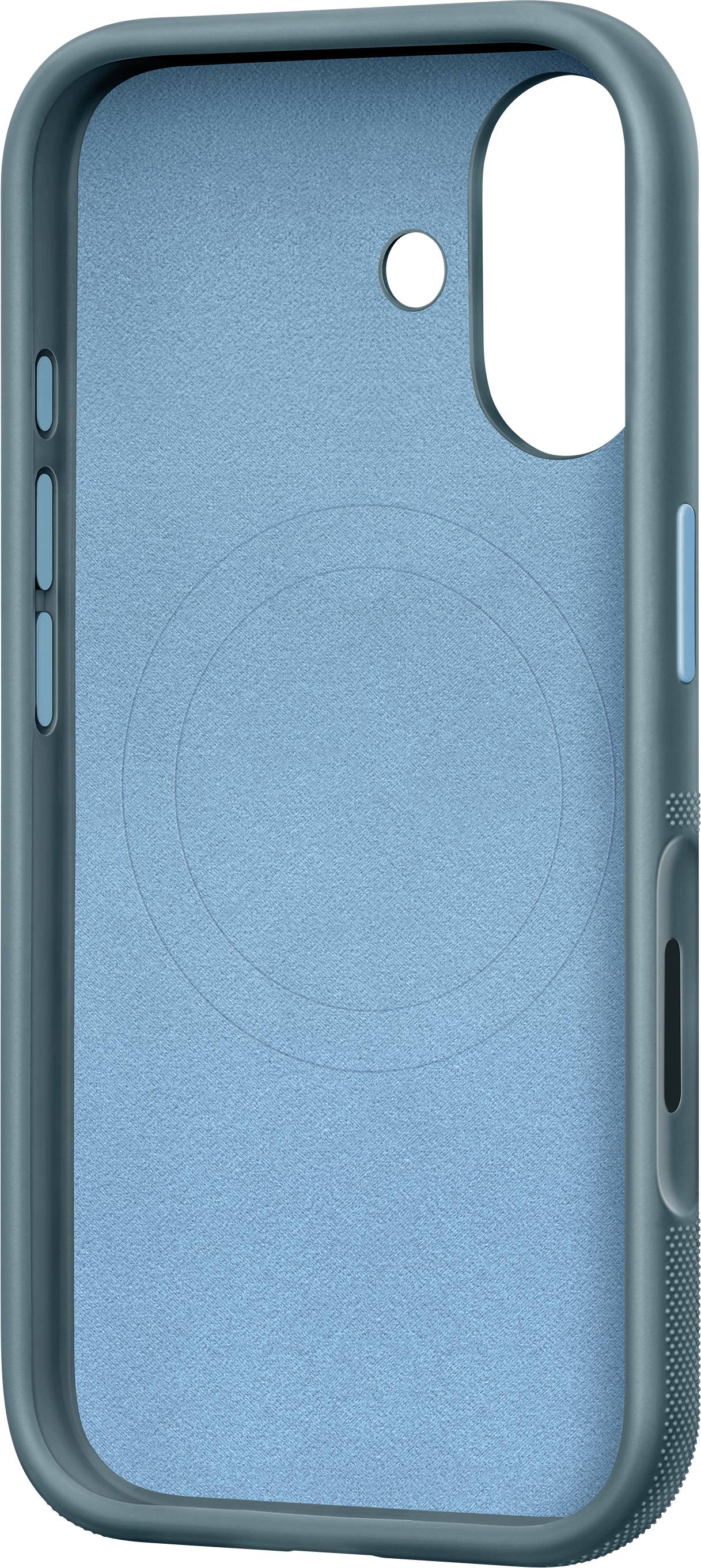 A blue iPhone case with a partially transparent back and large camera cutout, designed for protection and easy access to buttons.
