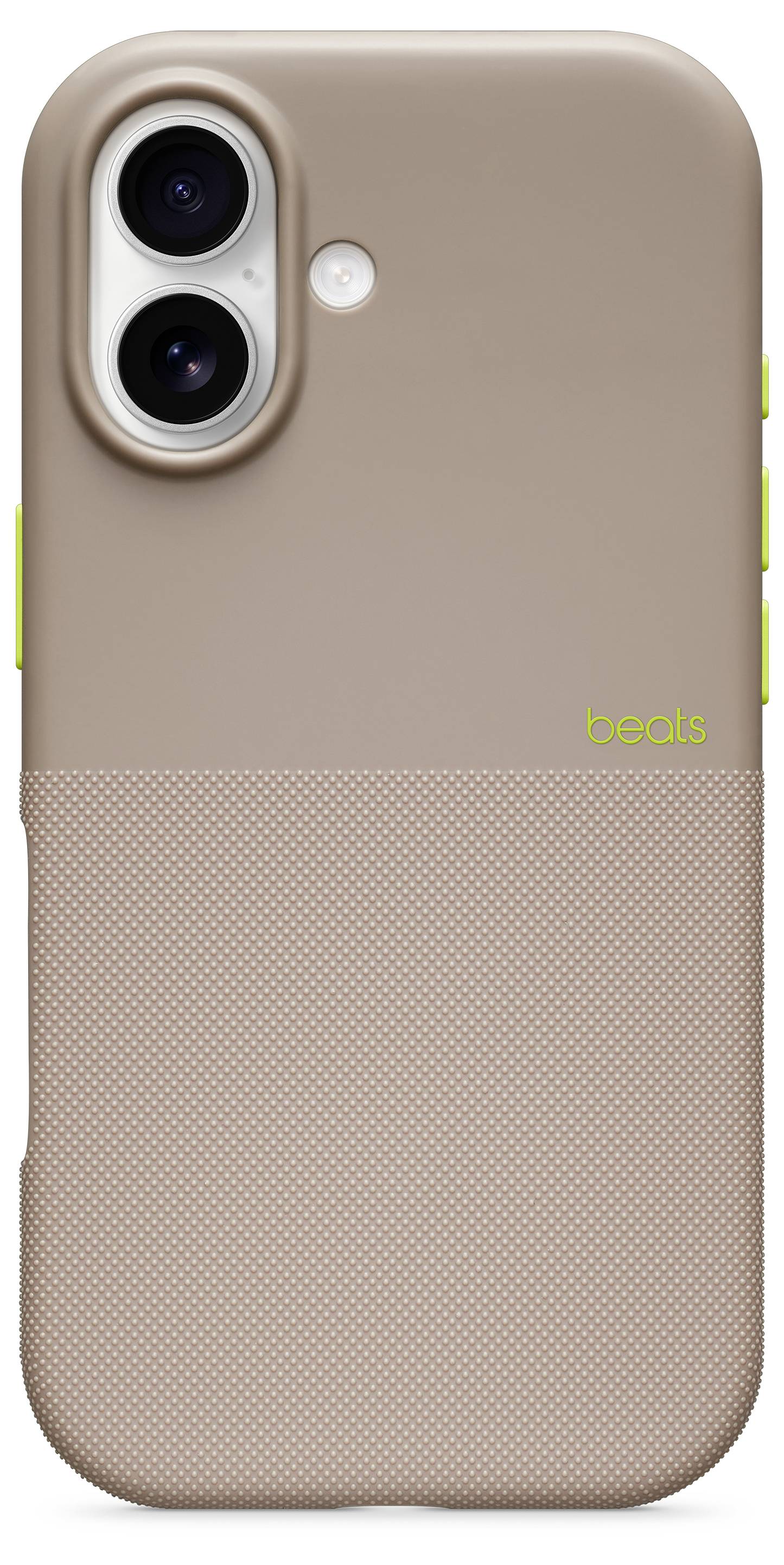 Brown phone case with dual rear camera cutout and lime green side buttons.