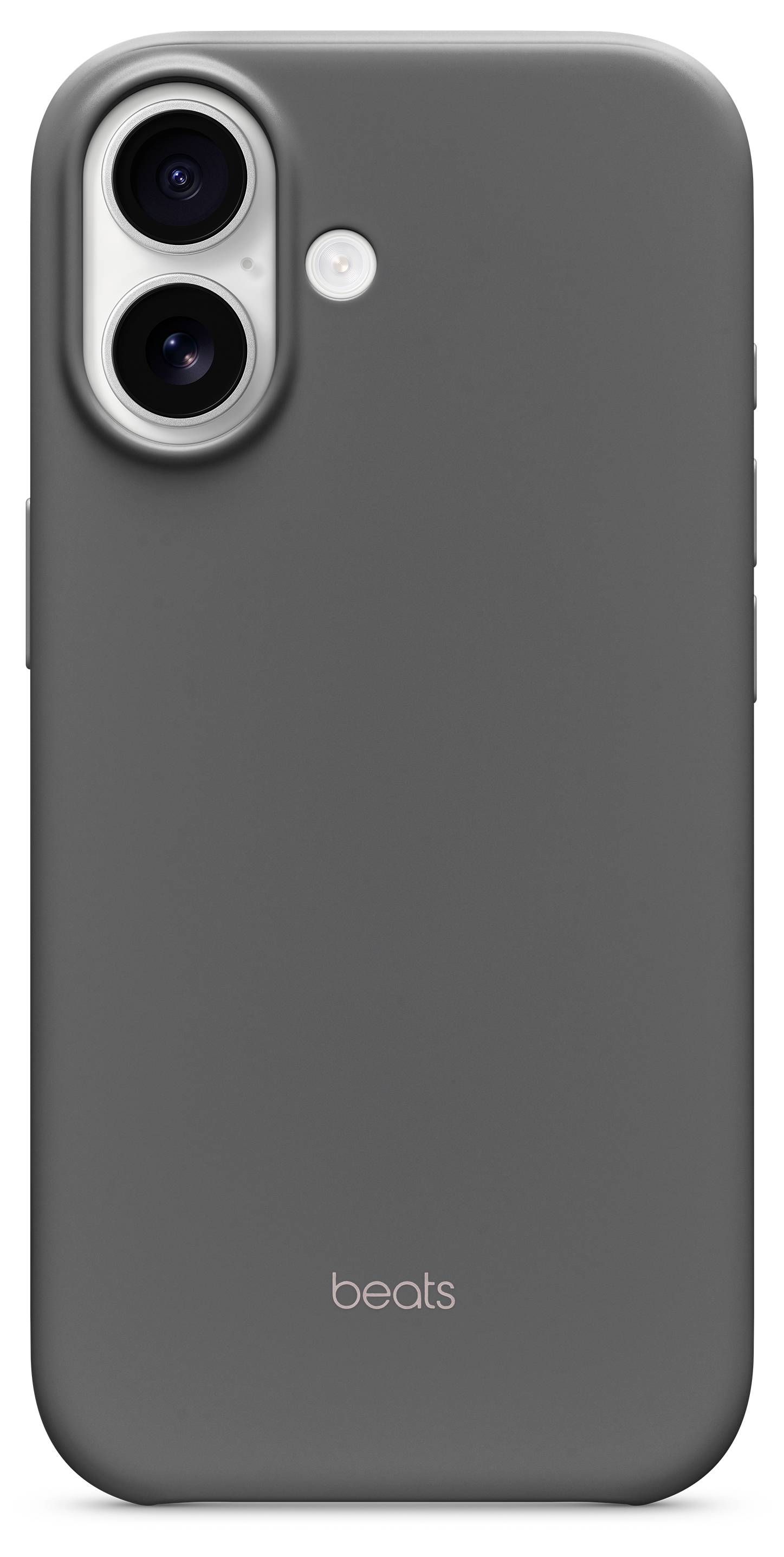 A sleek gray smartphone case with dual camera cutouts and 'beats' logo at the bottom, designed for protection and style.