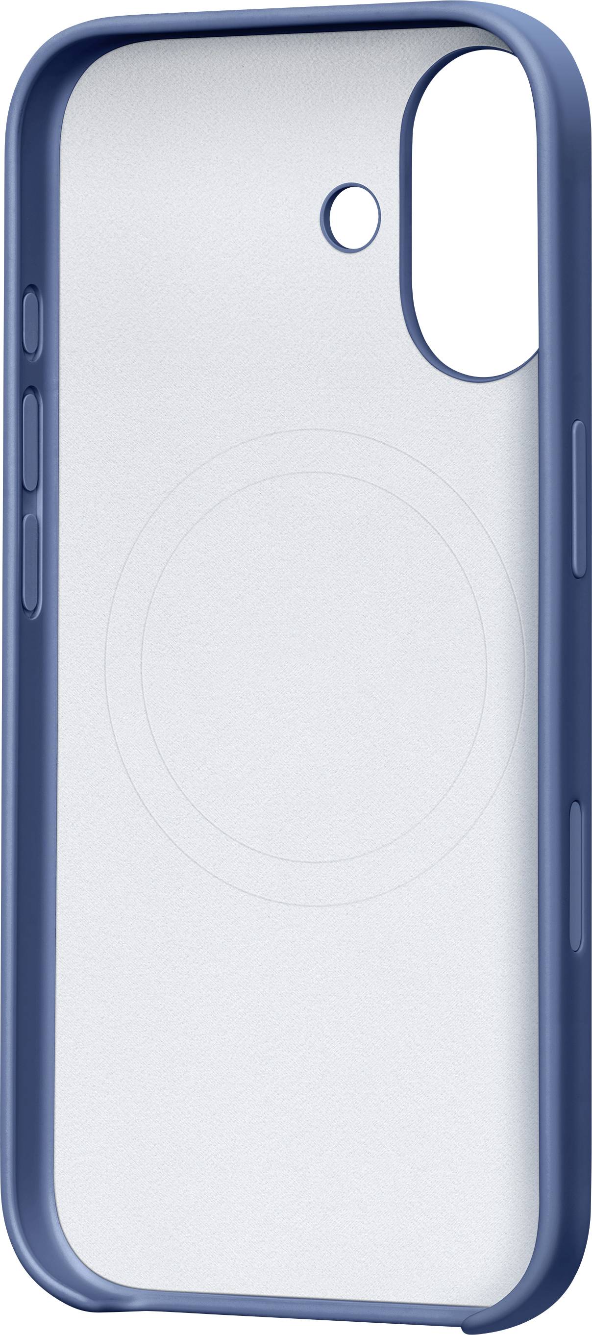 A blue smartphone case with a transparent back panel, featuring a circular outline design and cutouts for the camera and buttons.