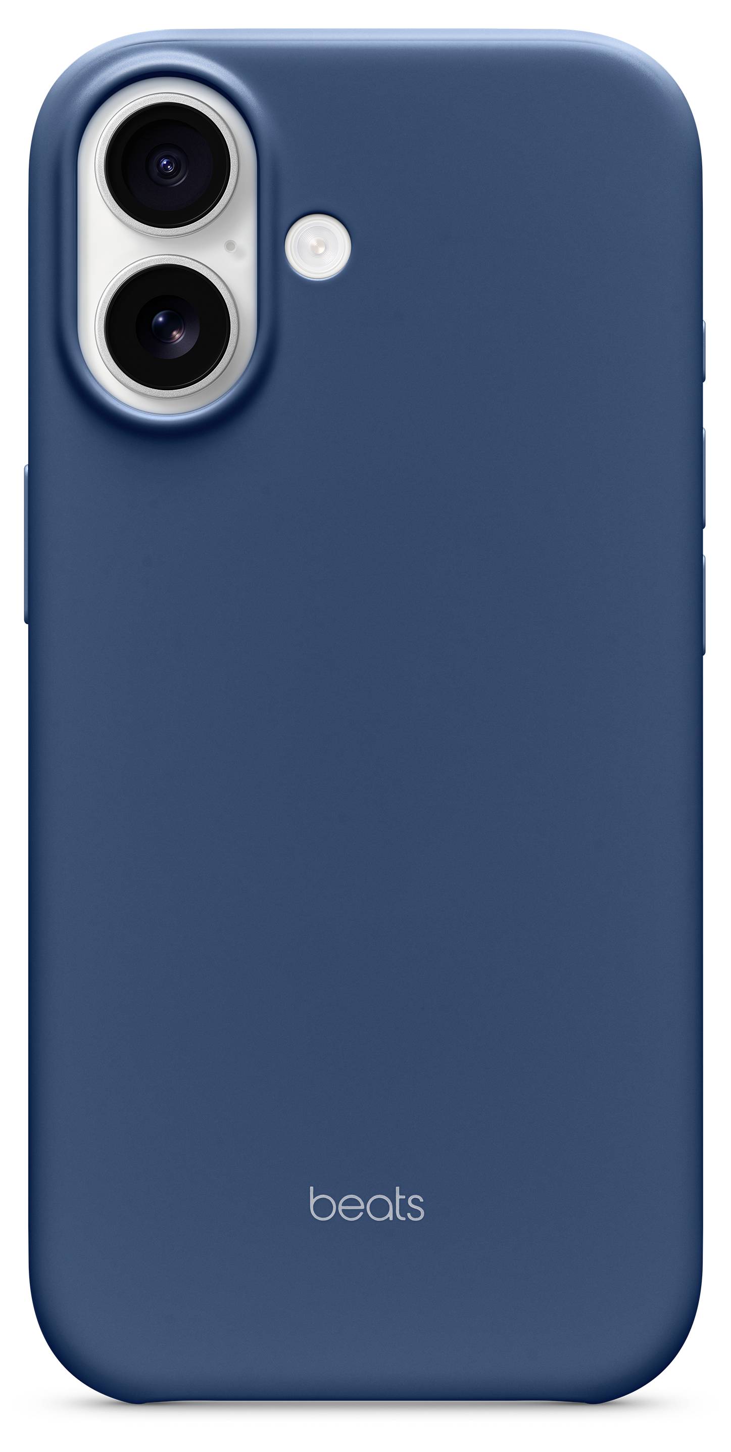 Blue smartphone case with dual camera cutout and 'beats' logo at the bottom.