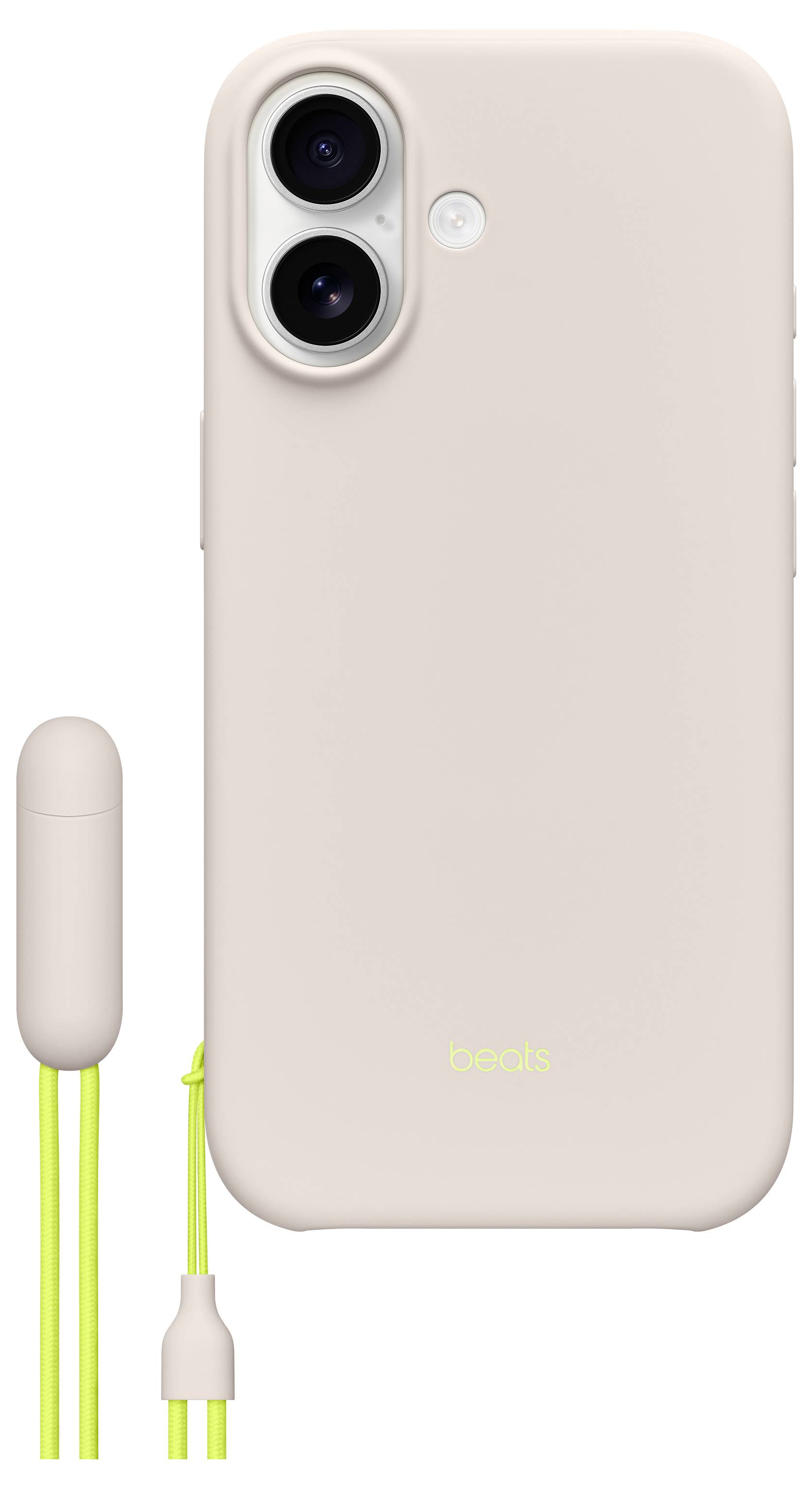 A beige smartphone case with dual cameras, accompanied by a matching pink object attached to a neon green cord, displaying the brand 'beats'.