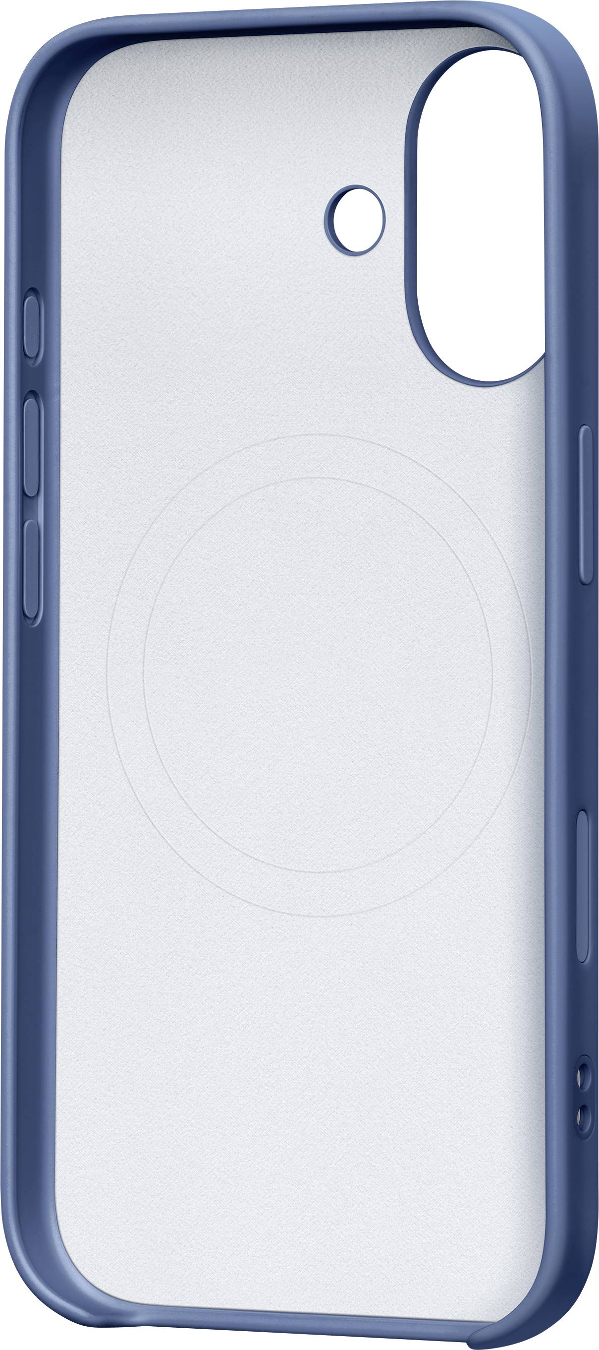 A blue phone case with a transparent back, featuring button cutouts and a ring indicating MagSafe compatibility.