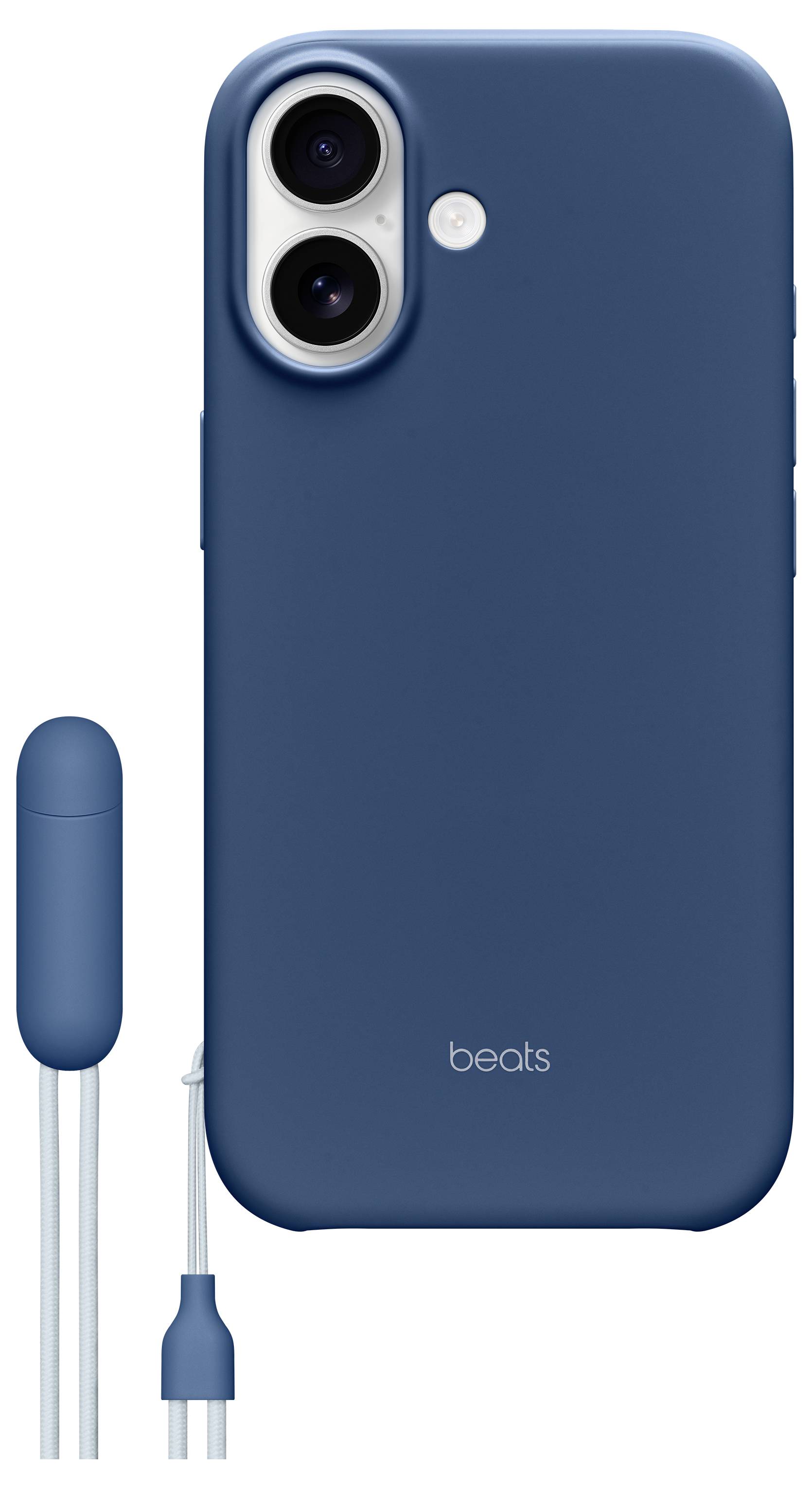 Blue smartphone case labeled 'beats', featuring dual-camera cutout and tiny circular flash. Matching blue earbuds are partially visible below.
