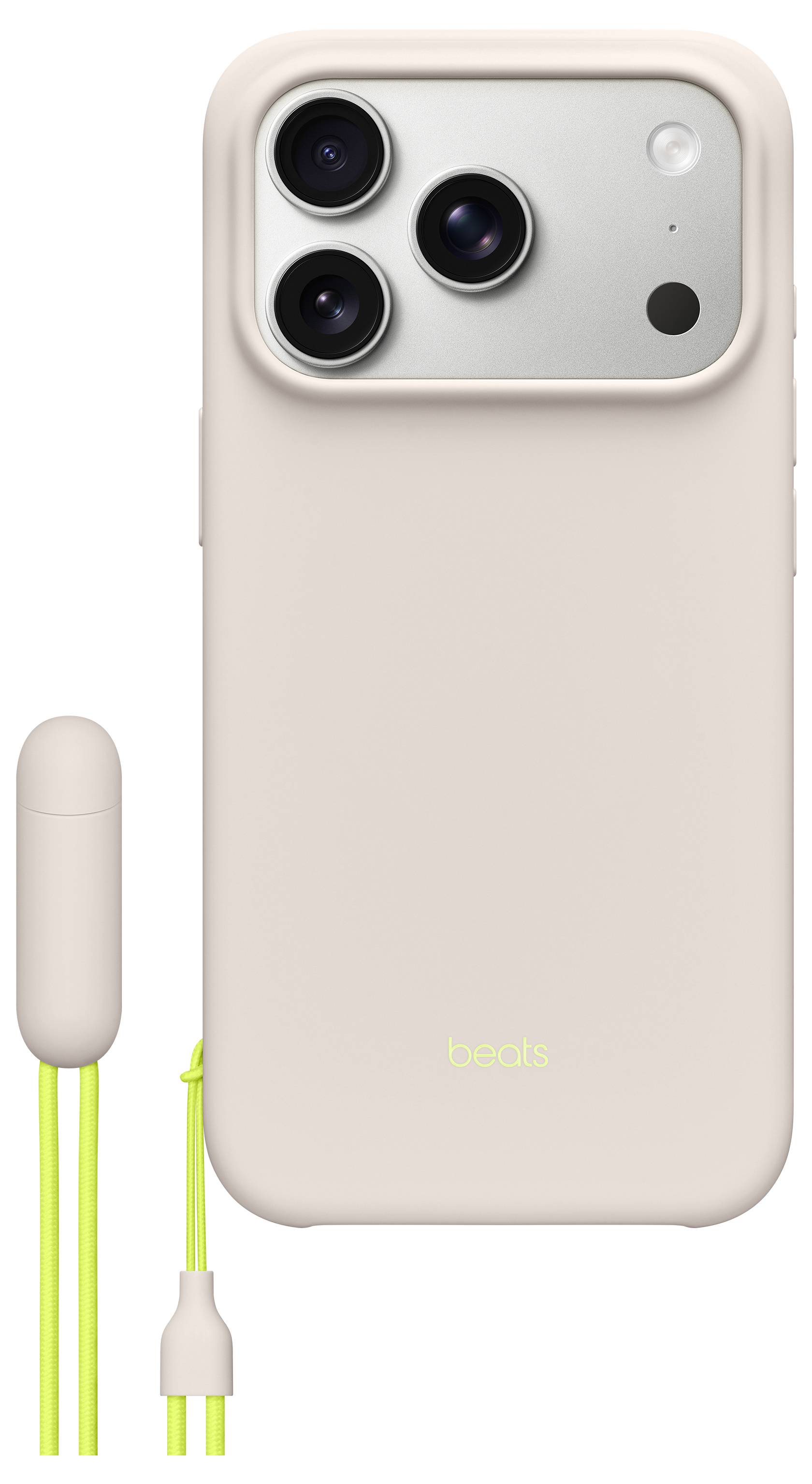 A smartphone case in light pink with a camera cutout, featuring a neon yellow wrist strap and a matching capsule-shaped accessory.
