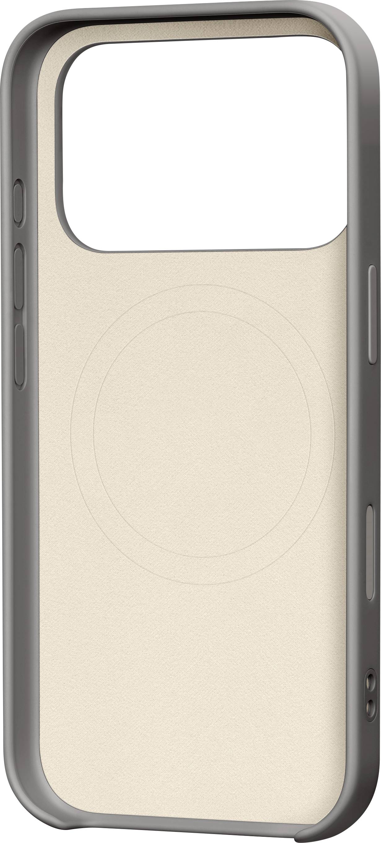 iPhone case with a beige back panel and circular MagSafe outline, encased in a gray border.