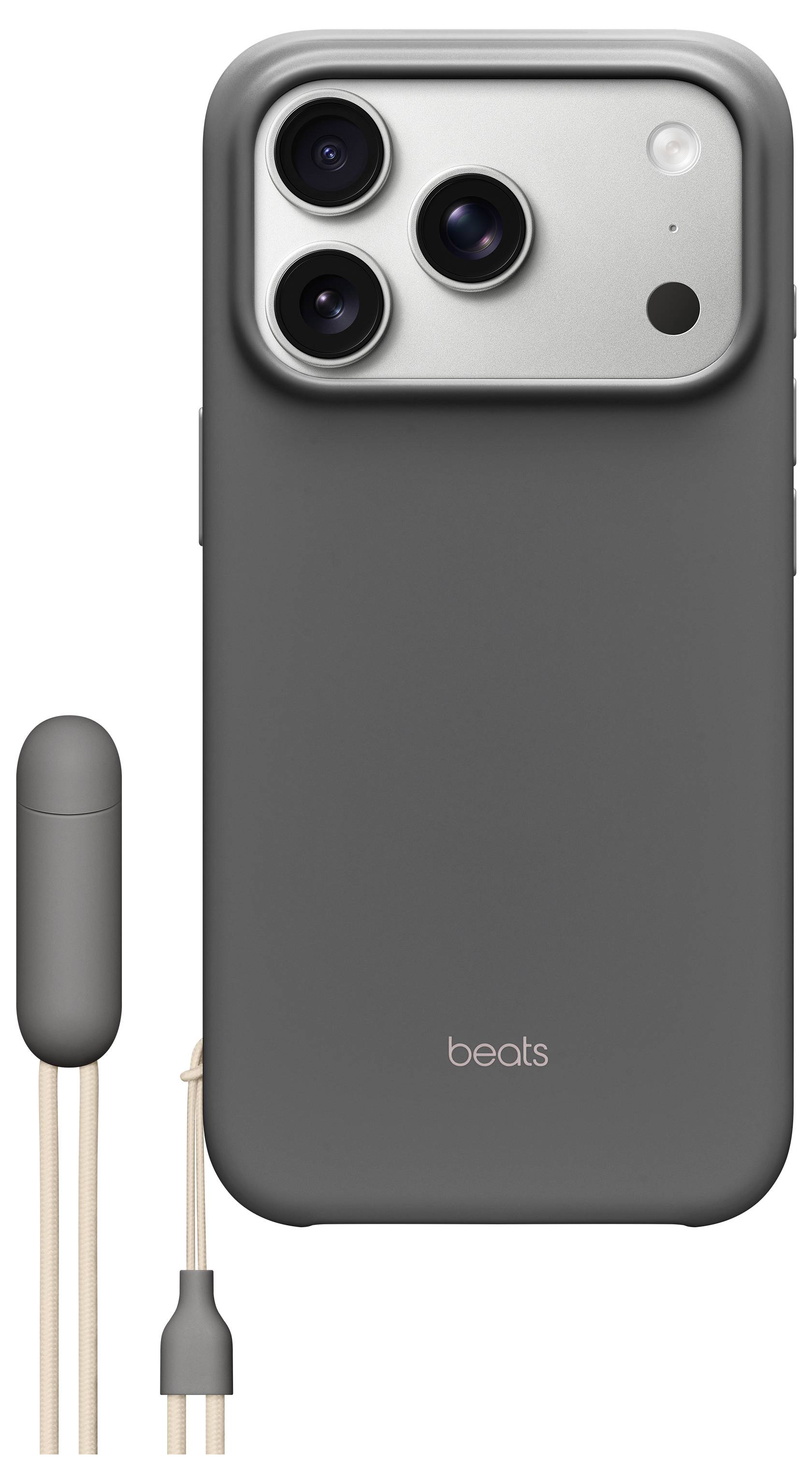 A smartphone with a triple-lens camera and a gray protective case. Earbuds with a matching gray color are shown next to the phone.