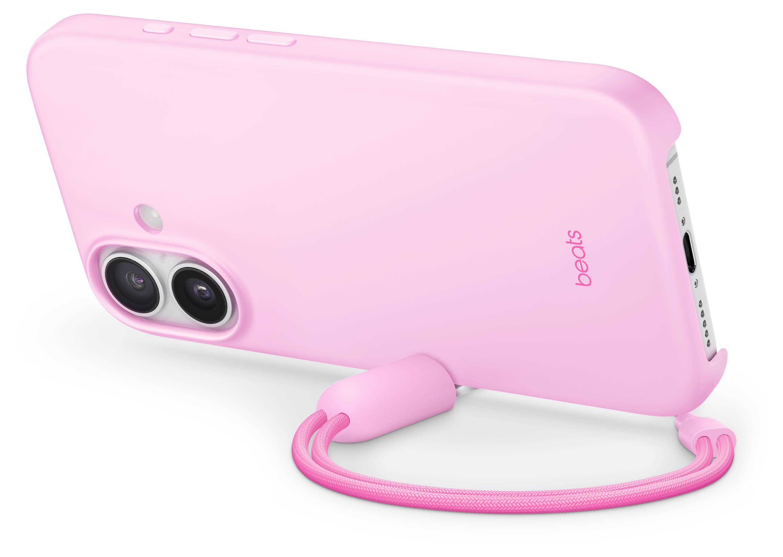 Pink phone case with large dual camera cutout, 'beats' logo, and a matching pink wrist strap attached to the corner.