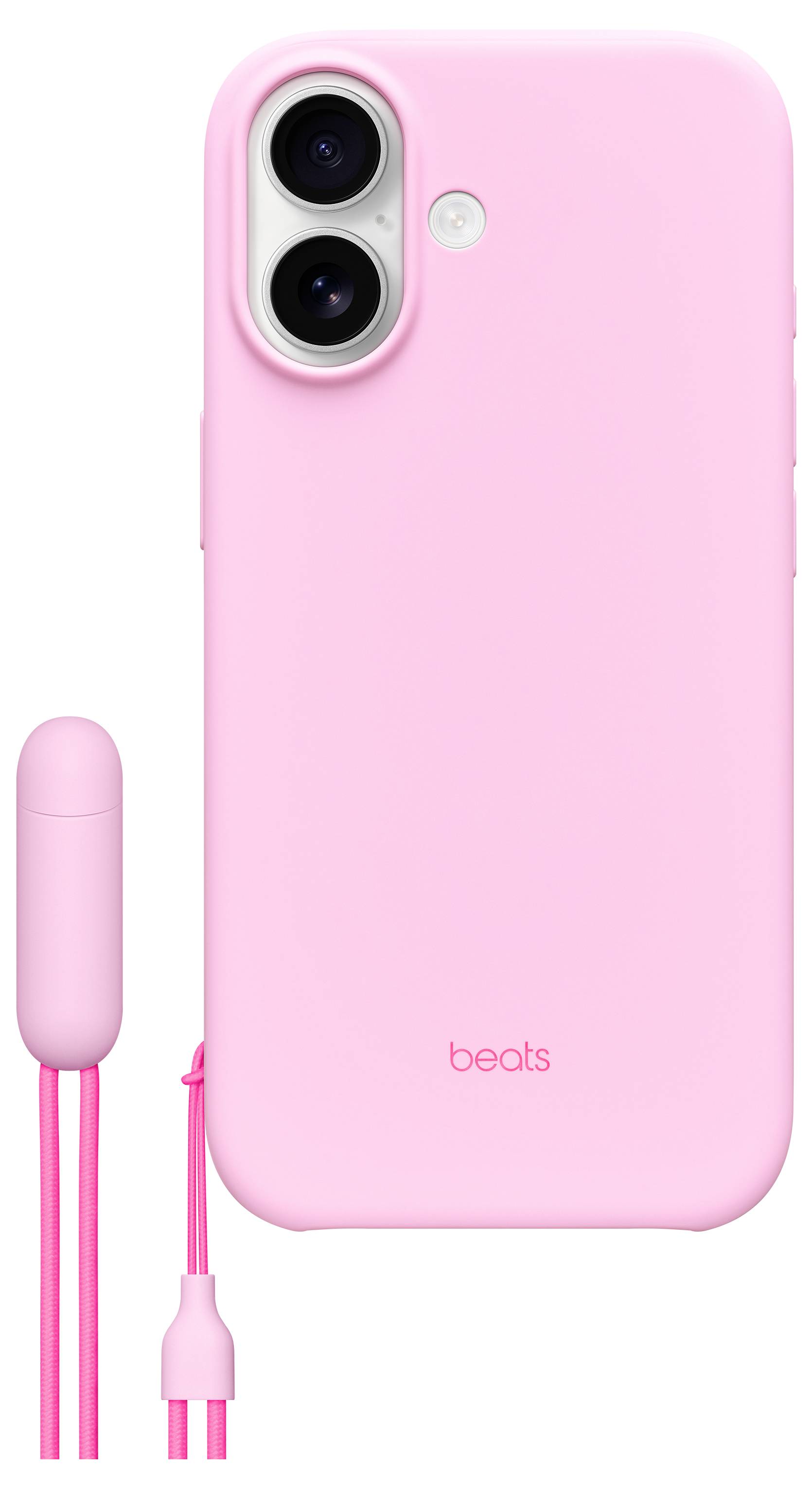 A pink phone case with attached wired earbuds. The case has two cutouts for phone cameras and features the 'beats' logo near the bottom.