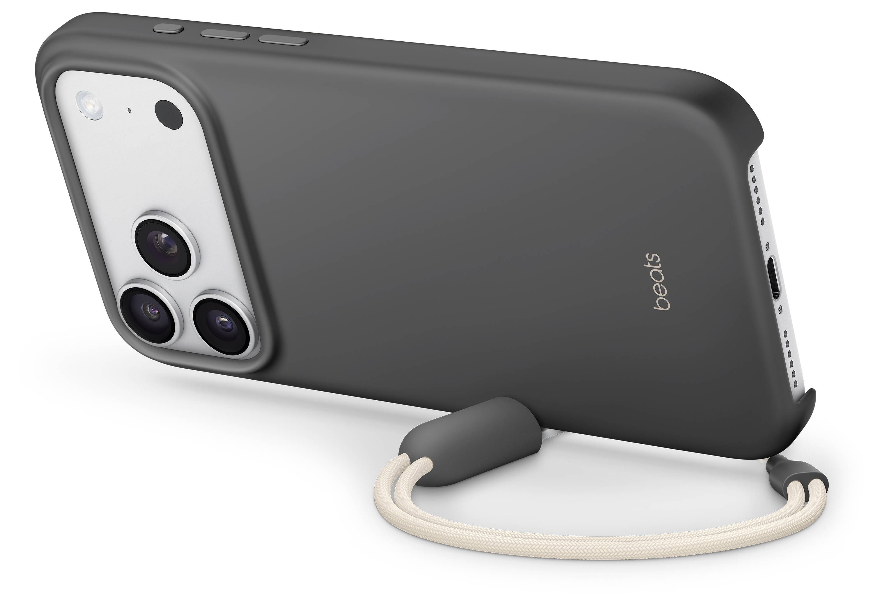 A smartphone with a dual camera in a black case featuring a beige loop strap, positioned at an angle showing the back and side buttons.