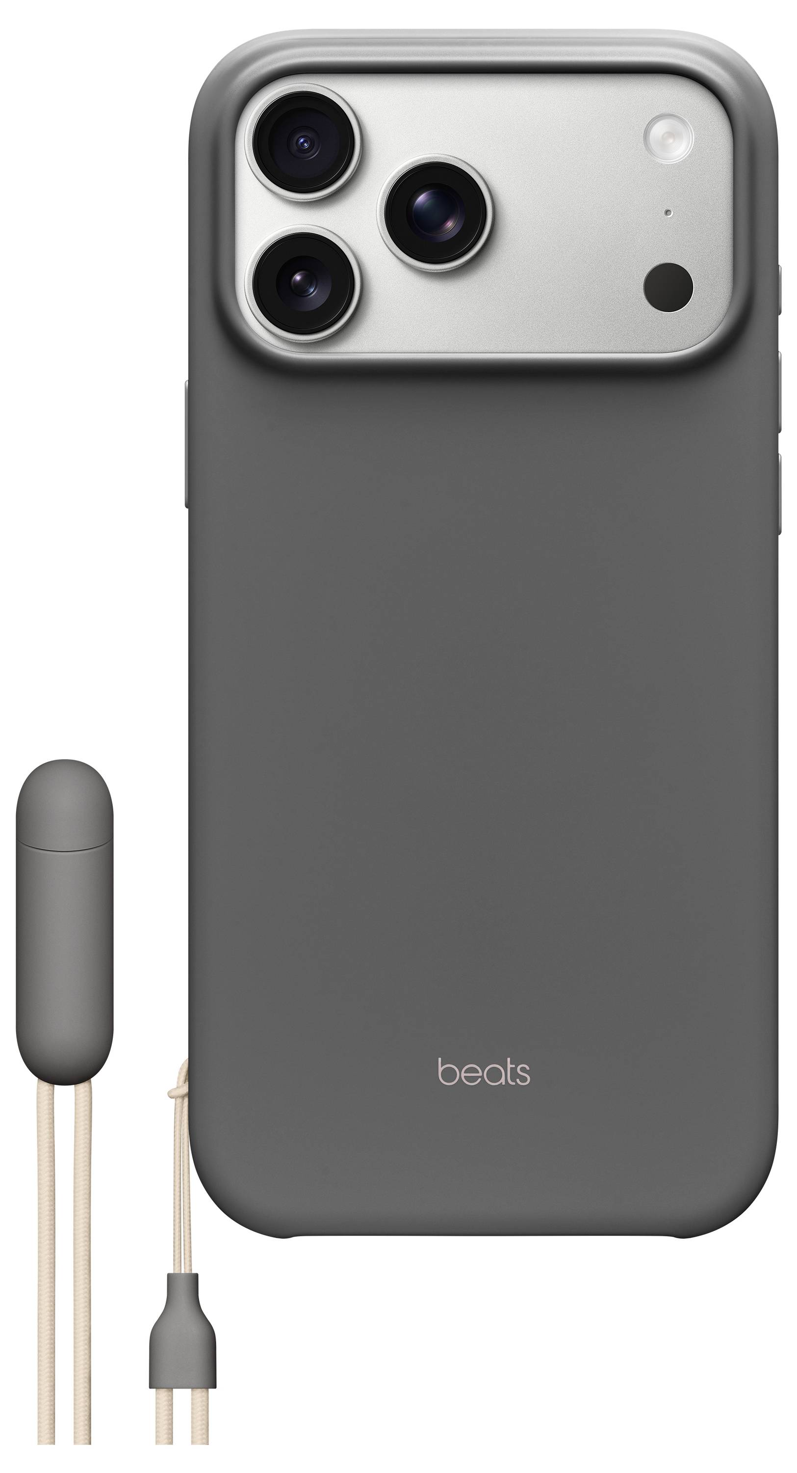 A smartphone case compatible with wireless earbuds is shown. The case is grey with a sleek design and includes a section for storing earbuds.