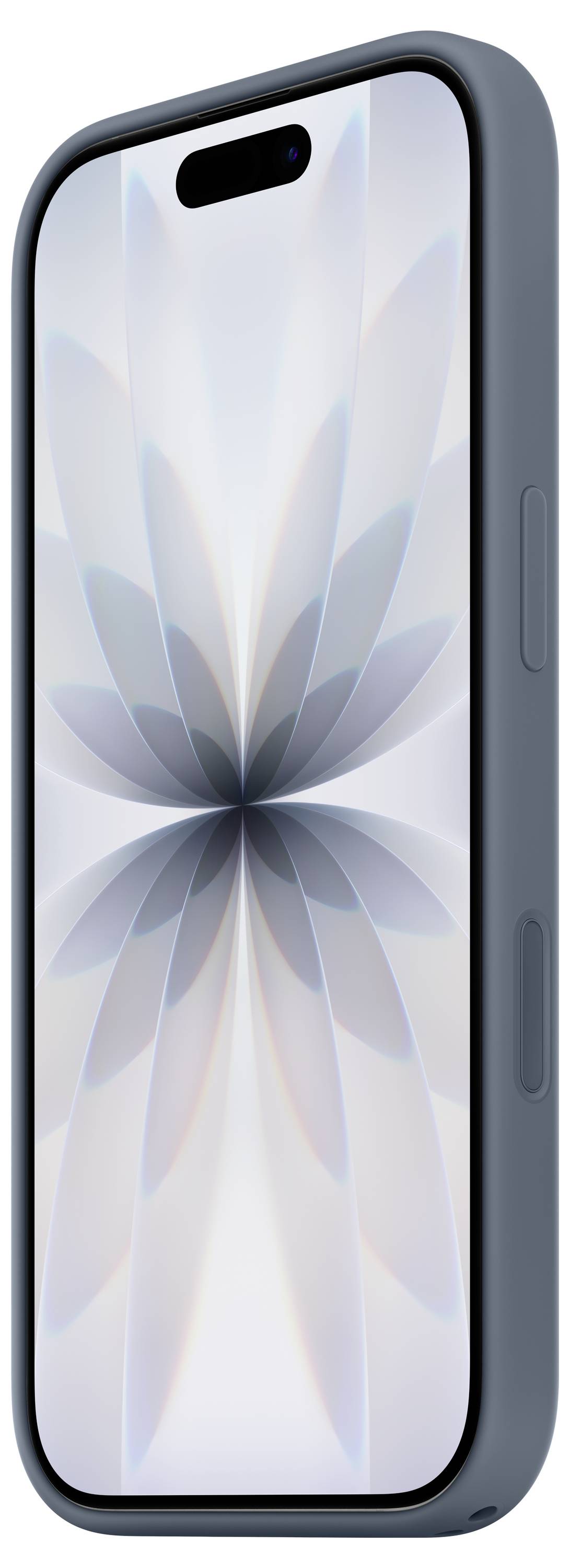 A smartphone with a sleek design features a floral abstract pattern on the screen. It has a side profile showing the volume buttons.
