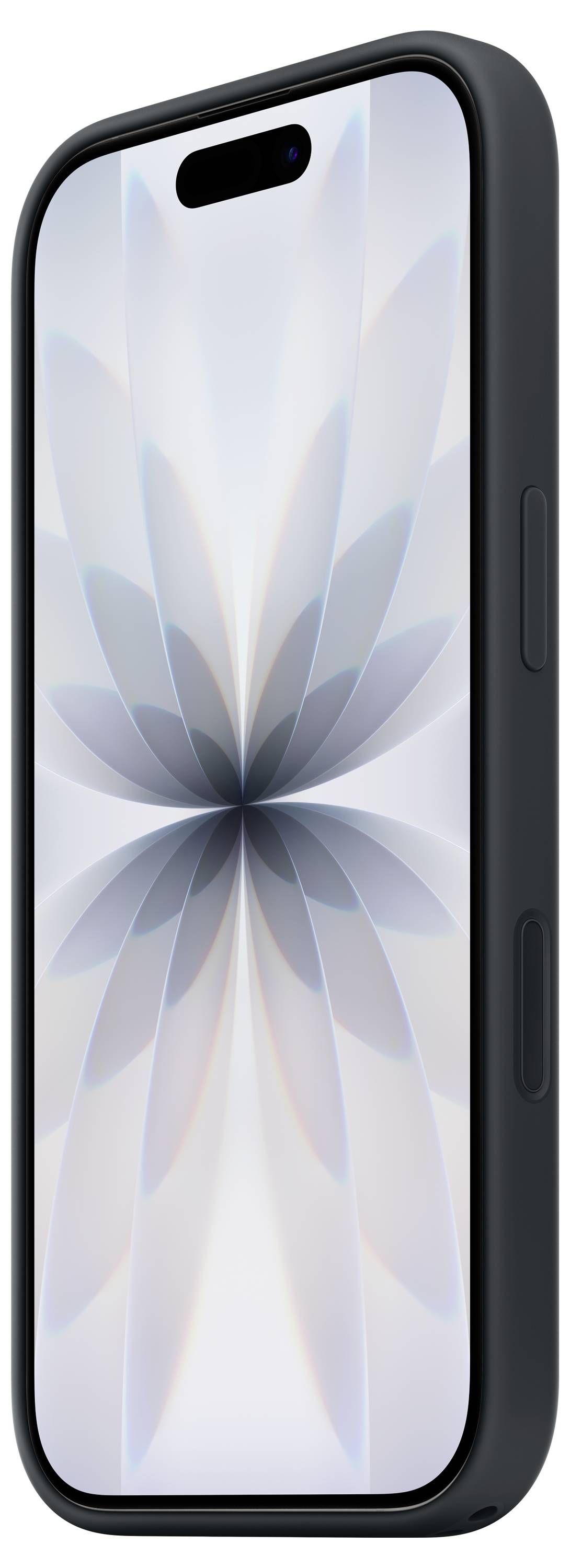 A smartphone with a sleek design, featuring a black frame and a geometric flower pattern on the screen. The phone has side buttons.