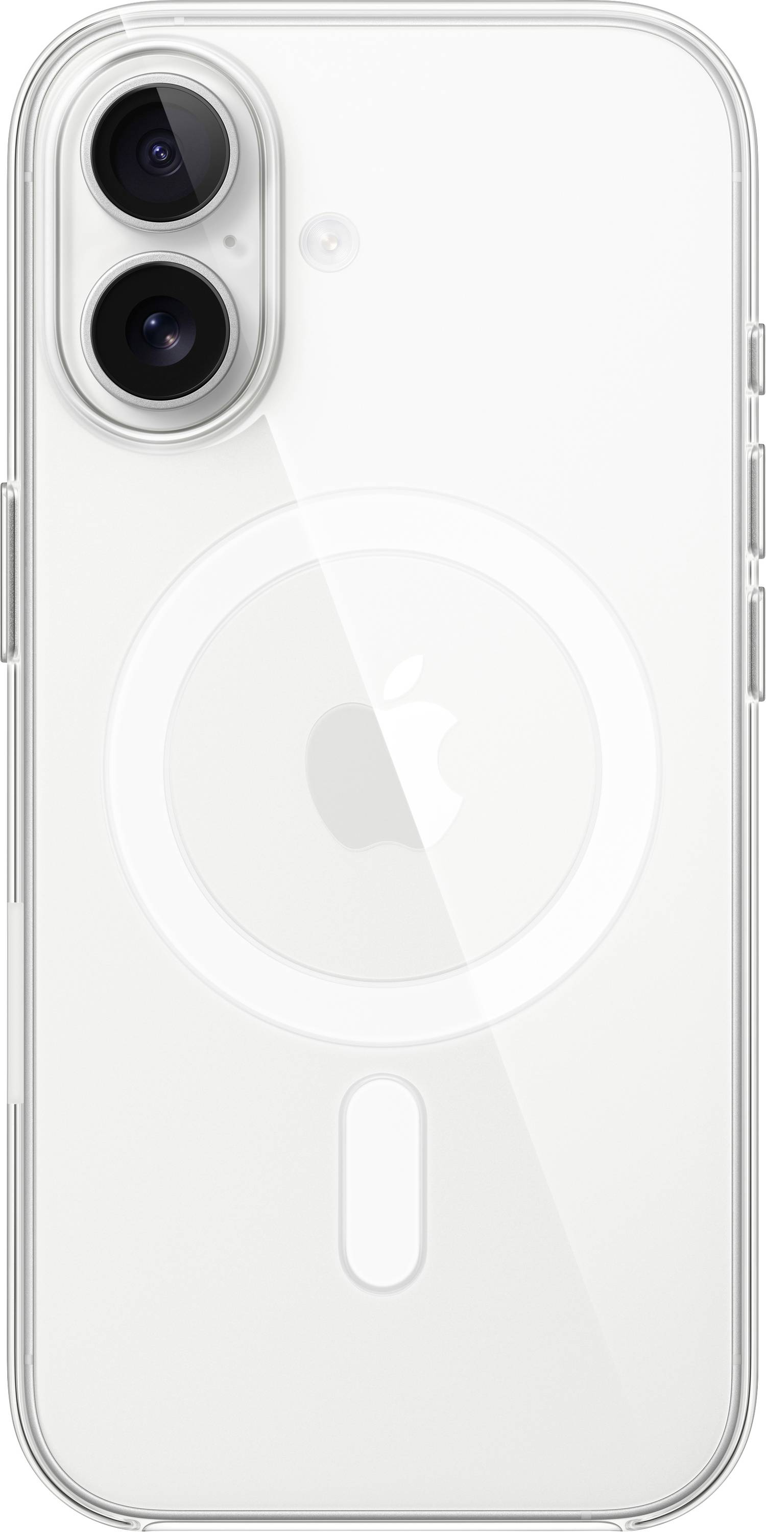 A white smartphone showcases a dual-camera system with an embedded circular design, symbolizing possible wireless charging capability.