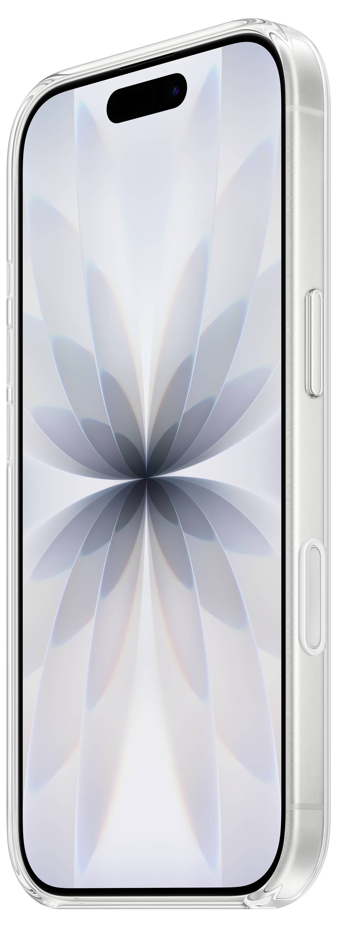A smartphone with a silver metallic frame, showcasing a floral abstract pattern on the screen.