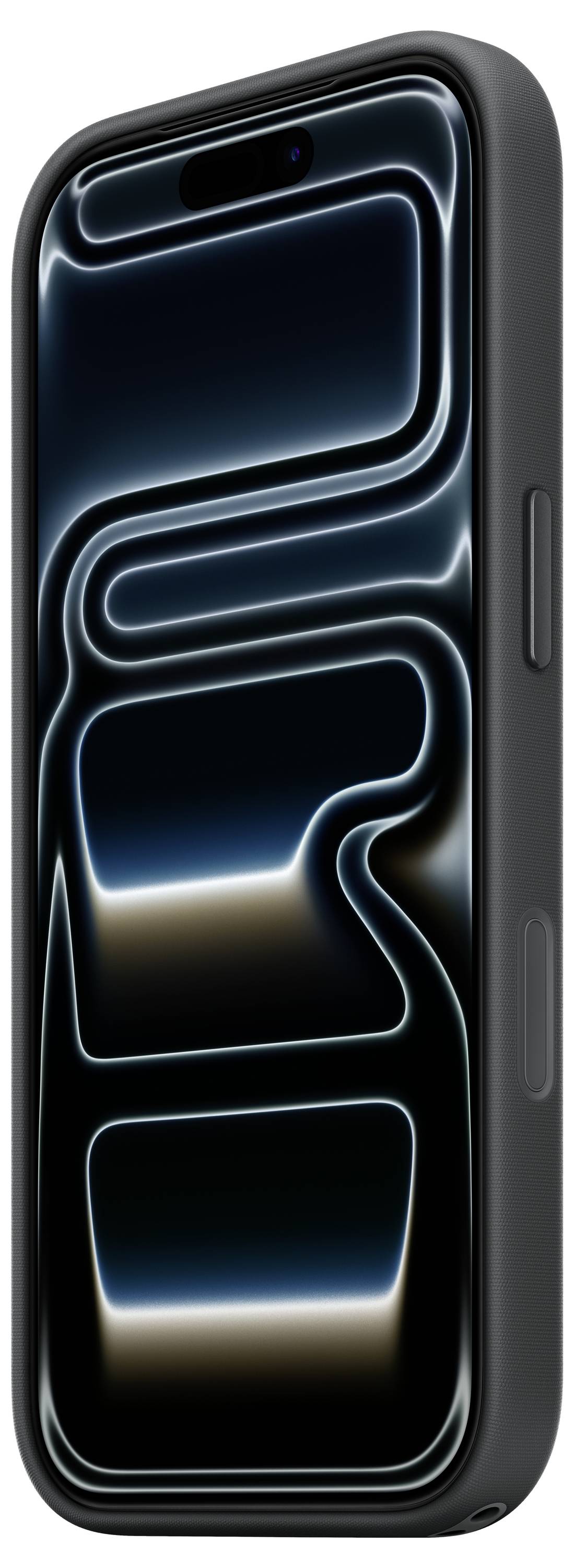 A smartphone in a black case displaying a dark abstract wallpaper with neon blue and white light patterns on the screen.