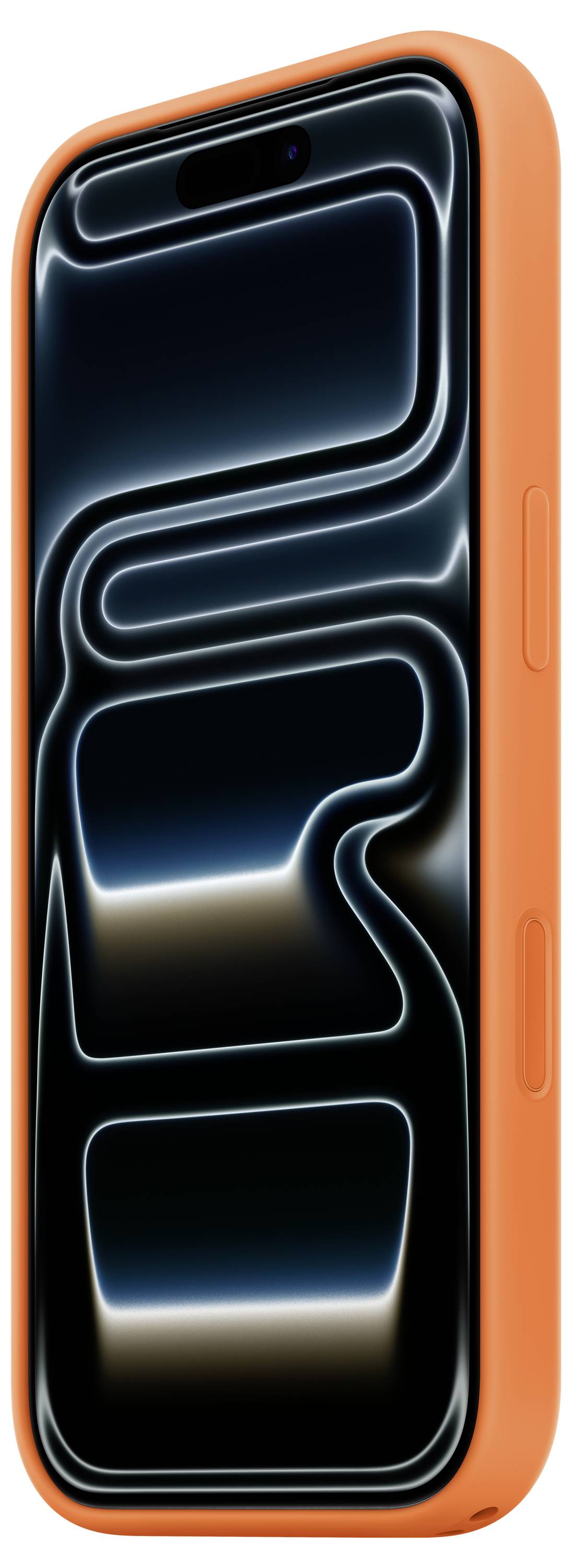 A smartphone in an orange case with a stylized abstract black and white pattern on the screen.