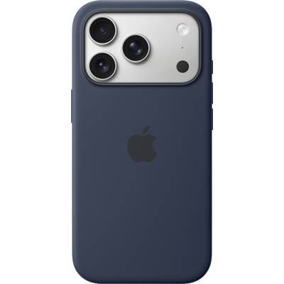 A smartphone with three rear cameras in a navy blue case, featuring an Apple logo in the center.