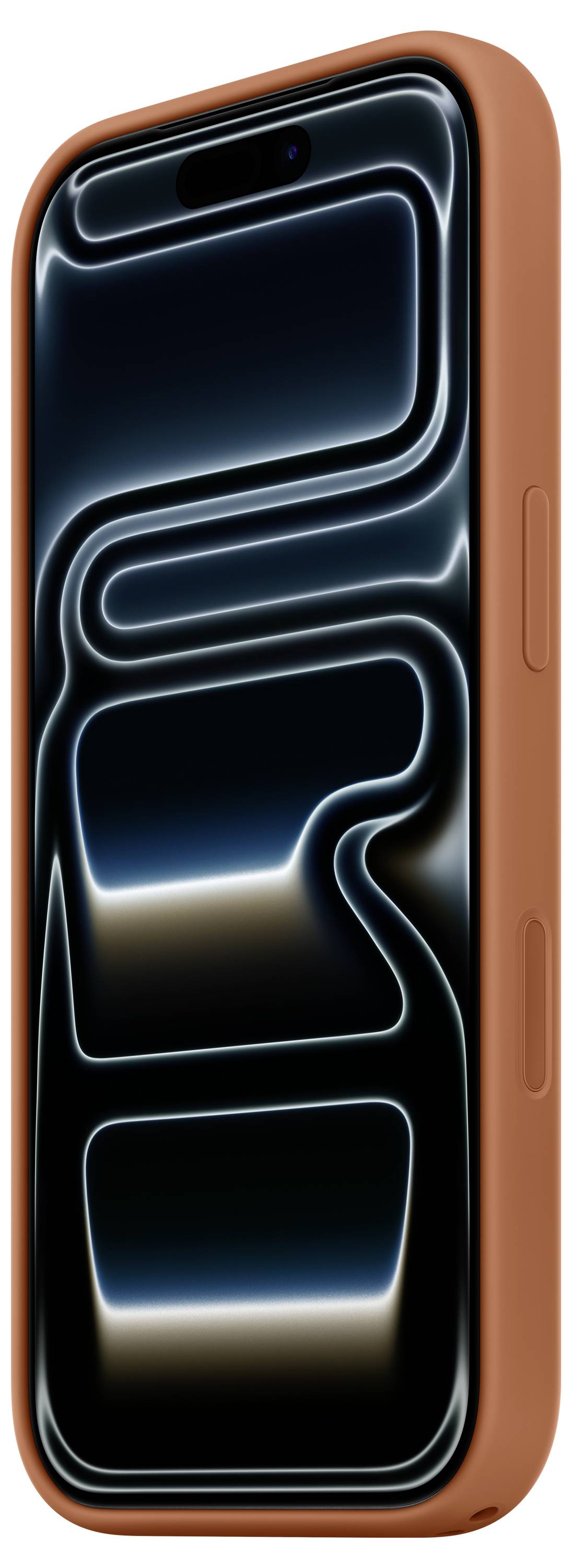 A smartphone with an orange case, featuring a sleek, abstract black and blue wavy design on the screen, displayed at an angle.