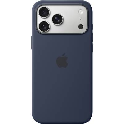 A smartphone with a blue case featuring a prominent triple camera system. The Apple logo is visible on the back.