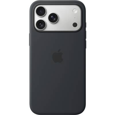A smartphone with a black case featuring three rear cameras and the Apple logo on the back.