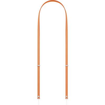 An orange, adjustable shoulder strap with silver hardware and white clips at the ends, designed for use with bags or cases.