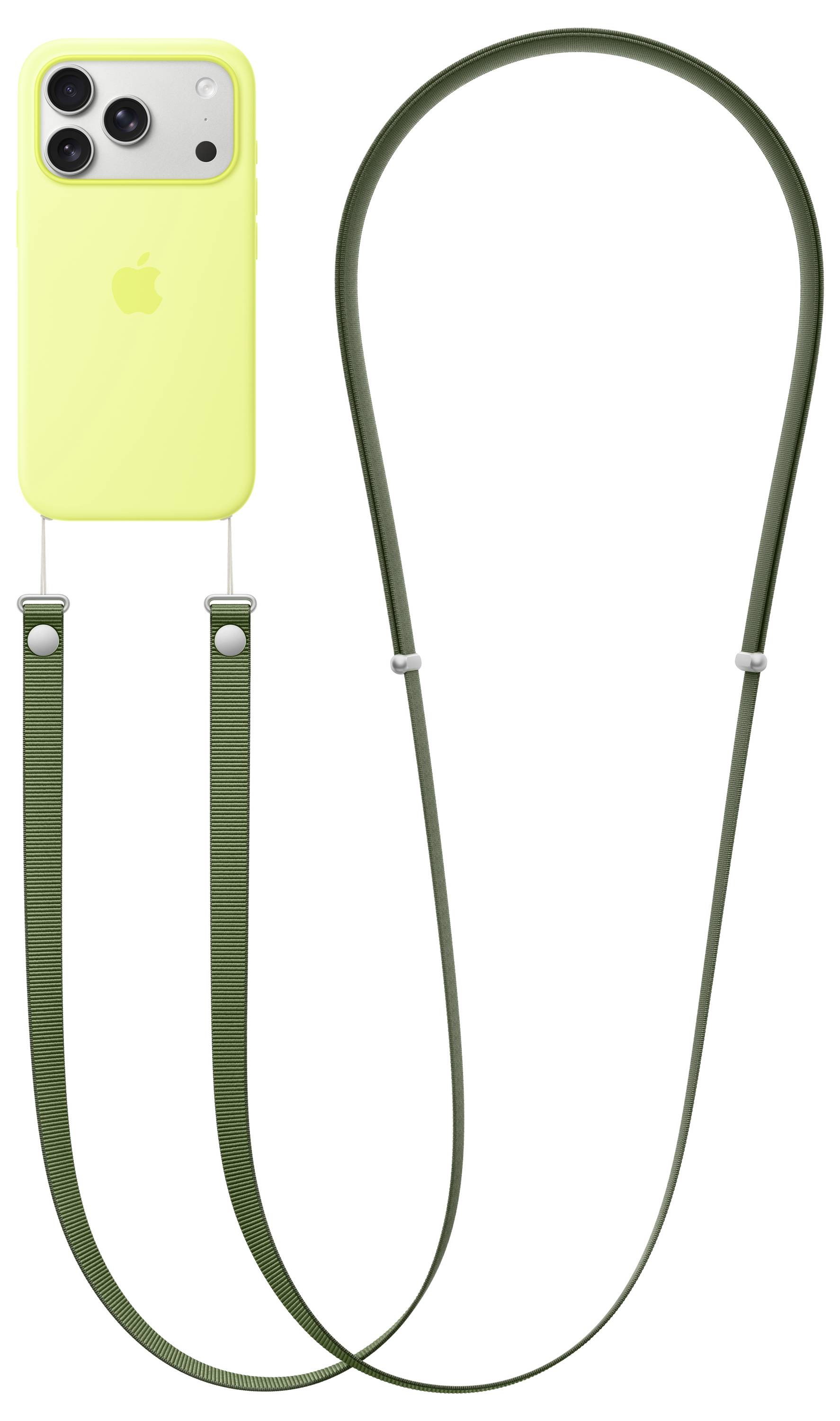 A yellow smartphone with three cameras is attached to a green lanyard, allowing it to be worn around the neck.