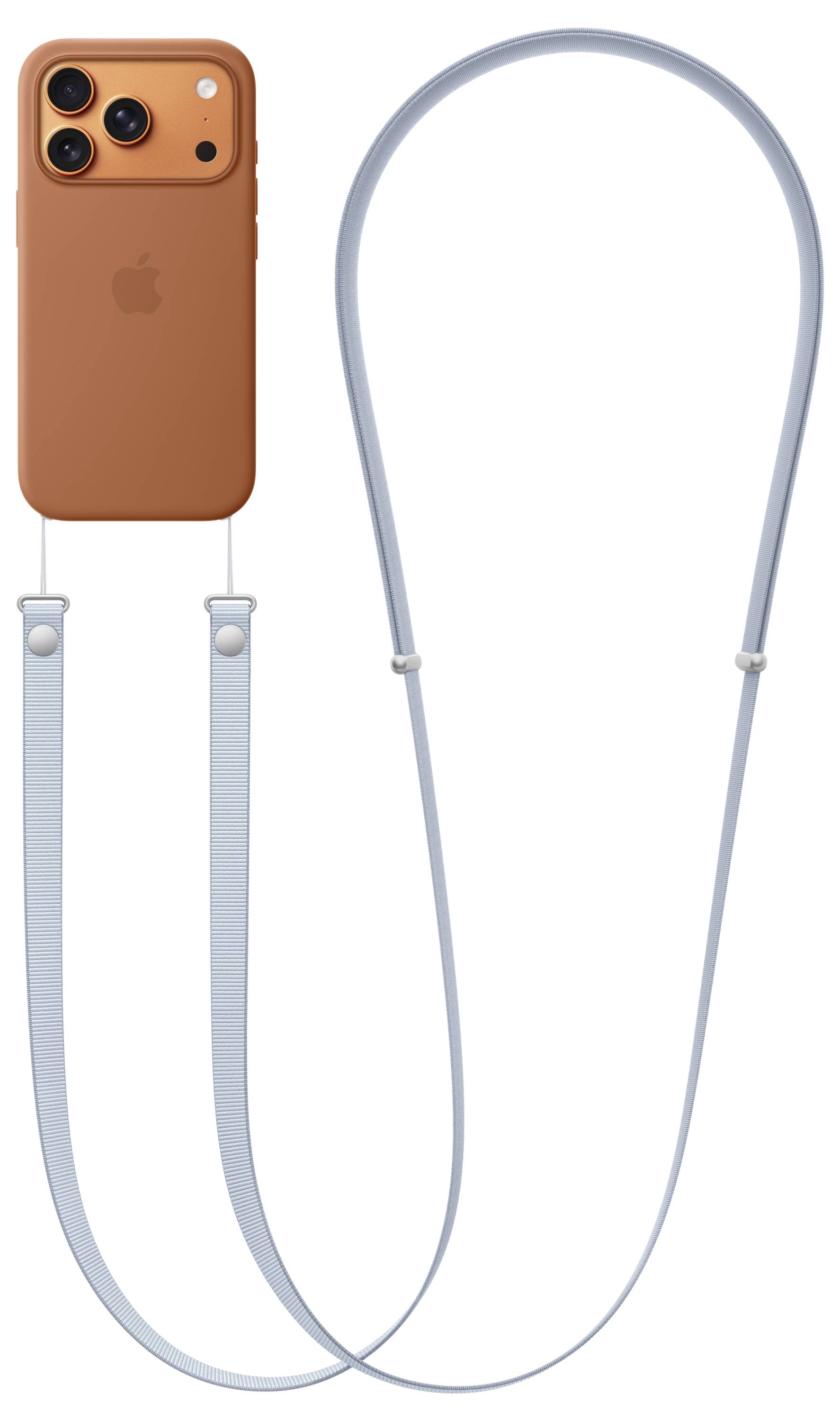 'Phone with a terracotta orange case attached to a long, light blue strap, suitable for carrying or wearing.'