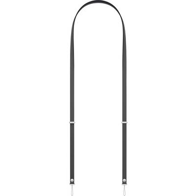 'Black leather strap with metal clasps on each end, designed for carrying bags or similar items.'