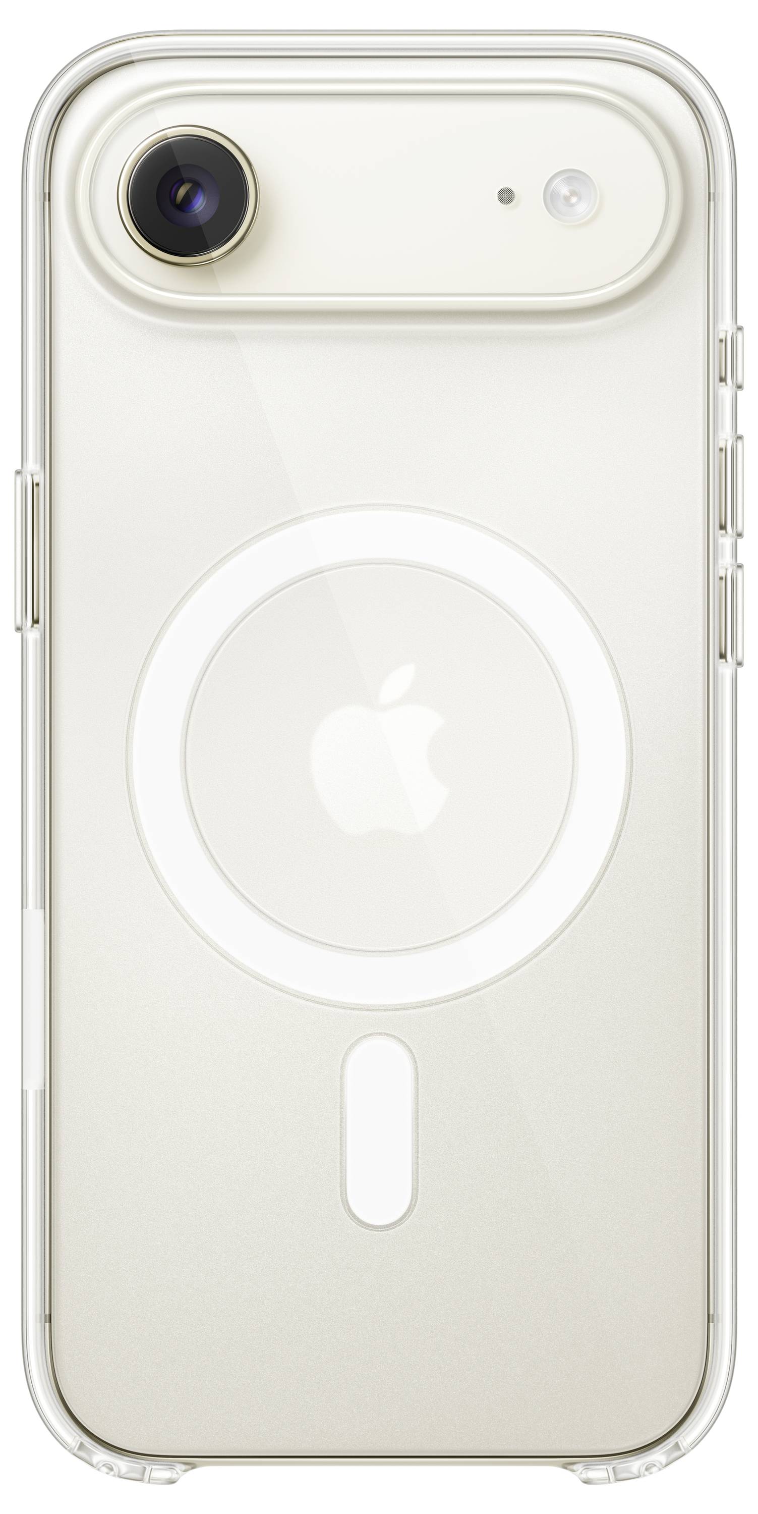 A white phone case with a circular magnetic charging design and an embossed apple logo, viewed from the back.