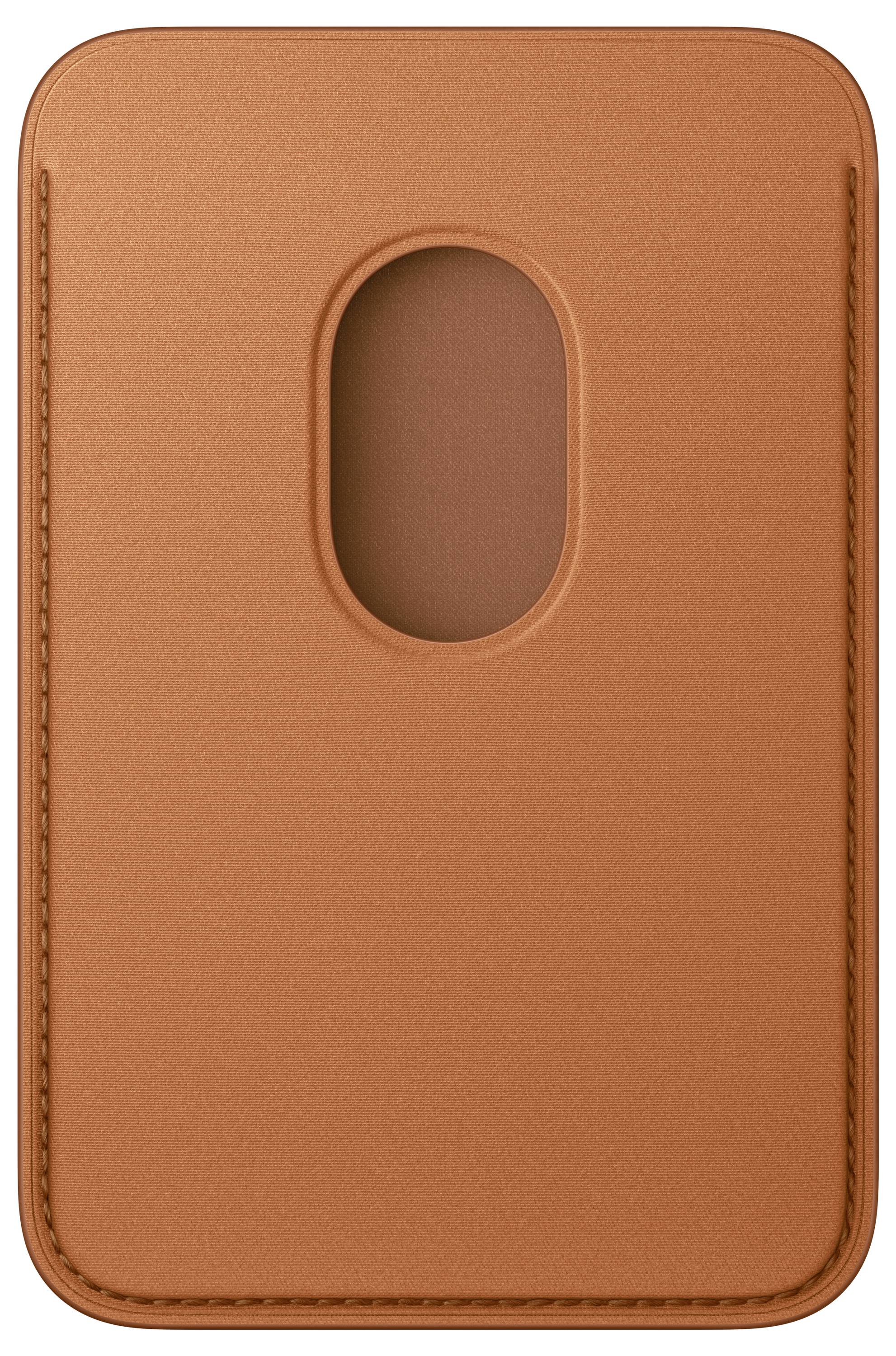 A tan leather MagSafe wallet with a card slot hole, designed for attachment to an iPhone.