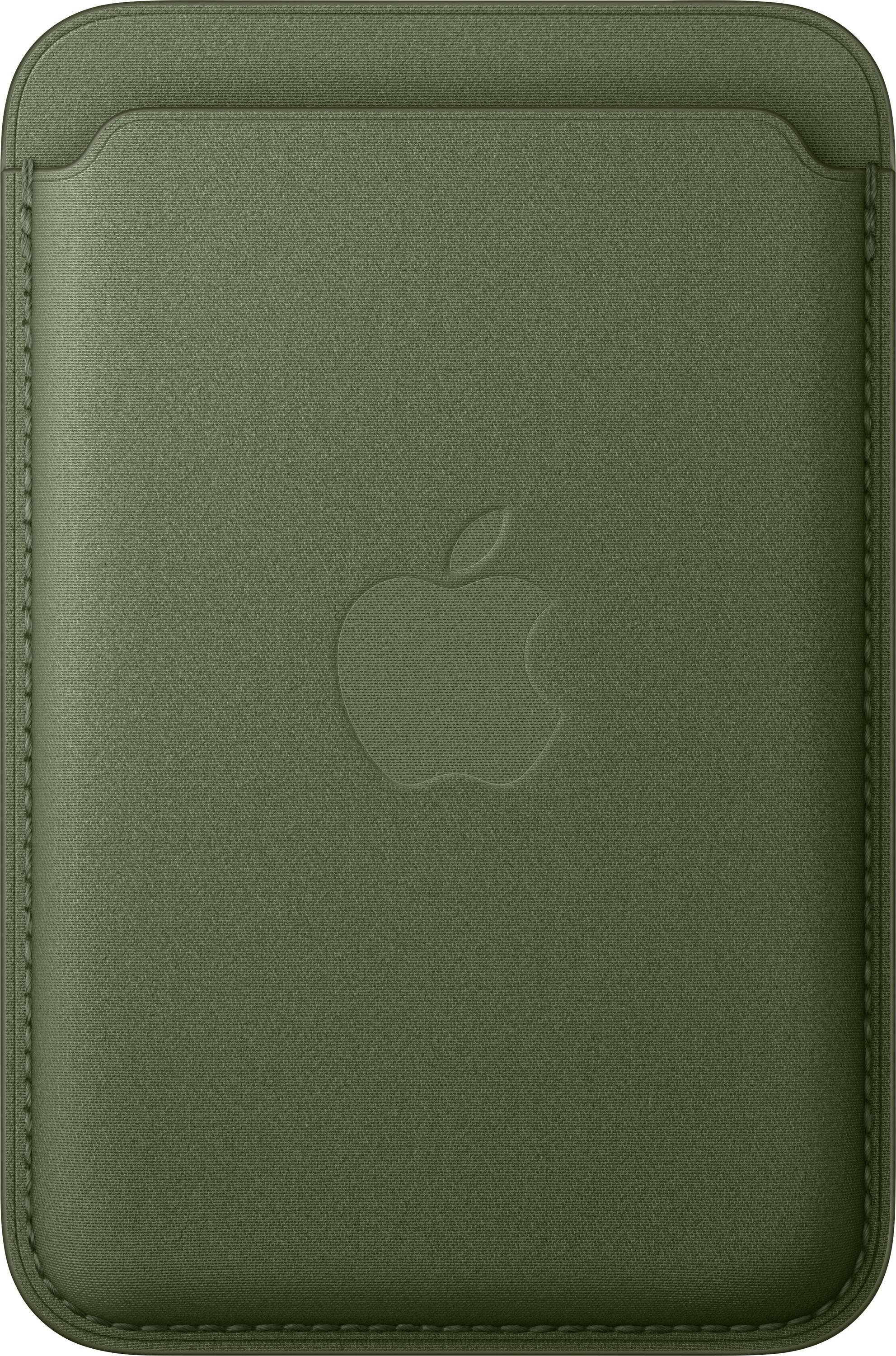 A green leather wallet with an embossed apple logo, likely designed to fit on the back of a smartphone.