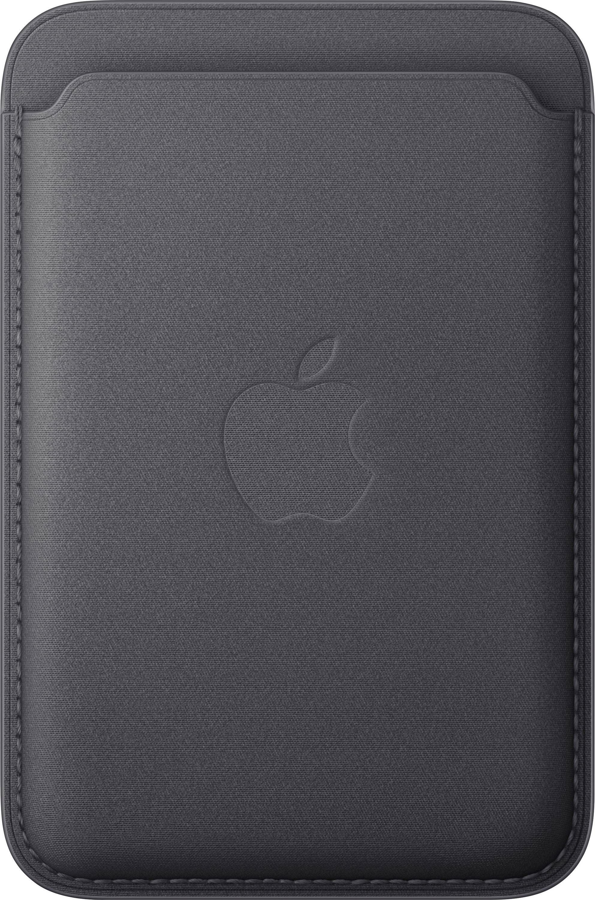 'A black leather case with an Apple logo embossed on the front.'