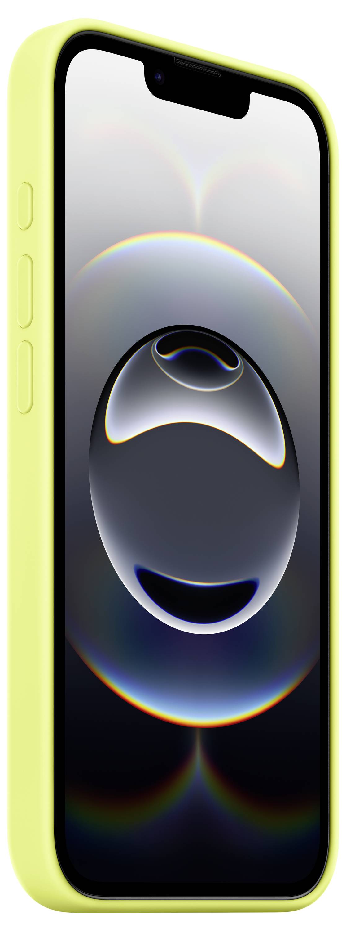 A smartphone with a yellow case displays a digital abstract image featuring a central orb with reflective and rainbow effects.