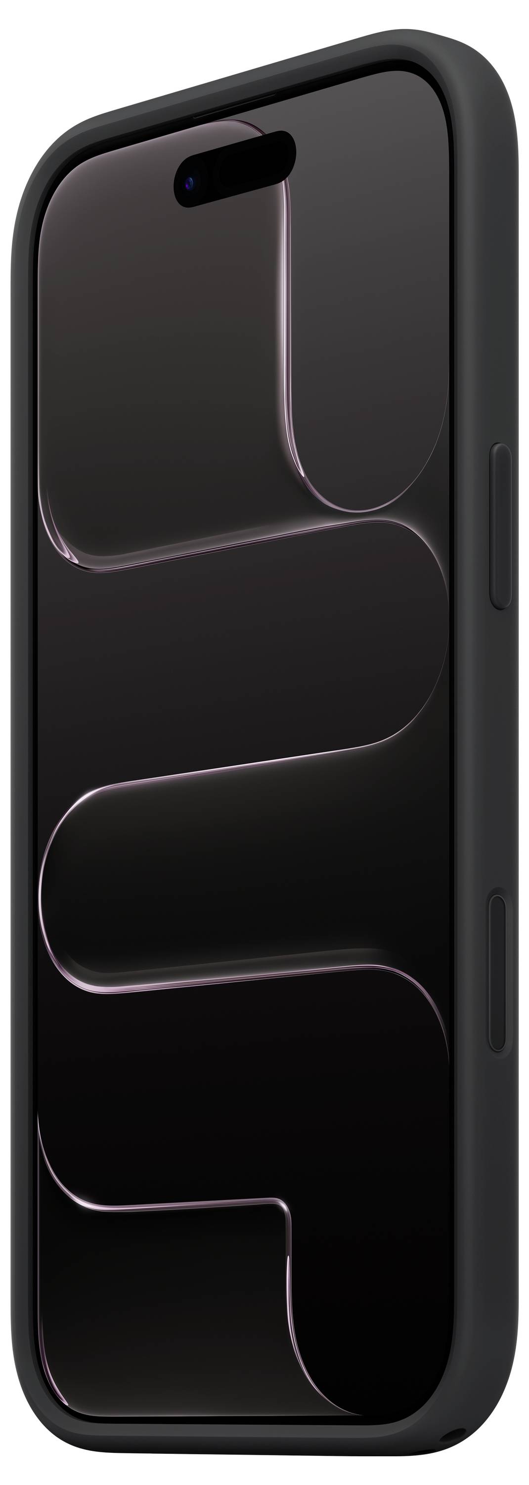 A smartphone featuring a sleek design with a dark, glossy screen and curved edges. The case is a simple black color, highlighting the device's polished appearance.