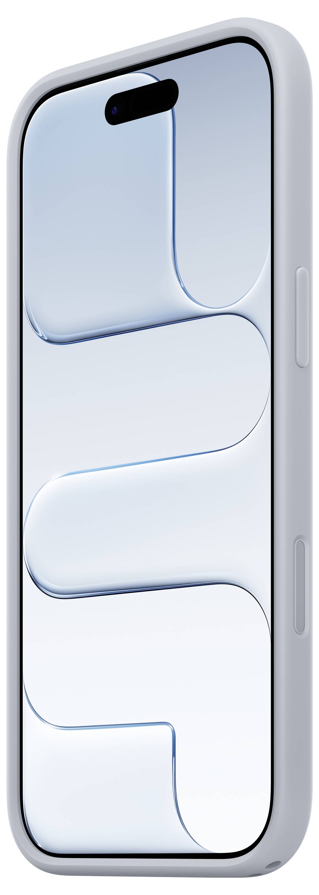 A smartphone in a white case with a reflective, minimalist design on the screen, featuring abstract curves and a central camera cutout.