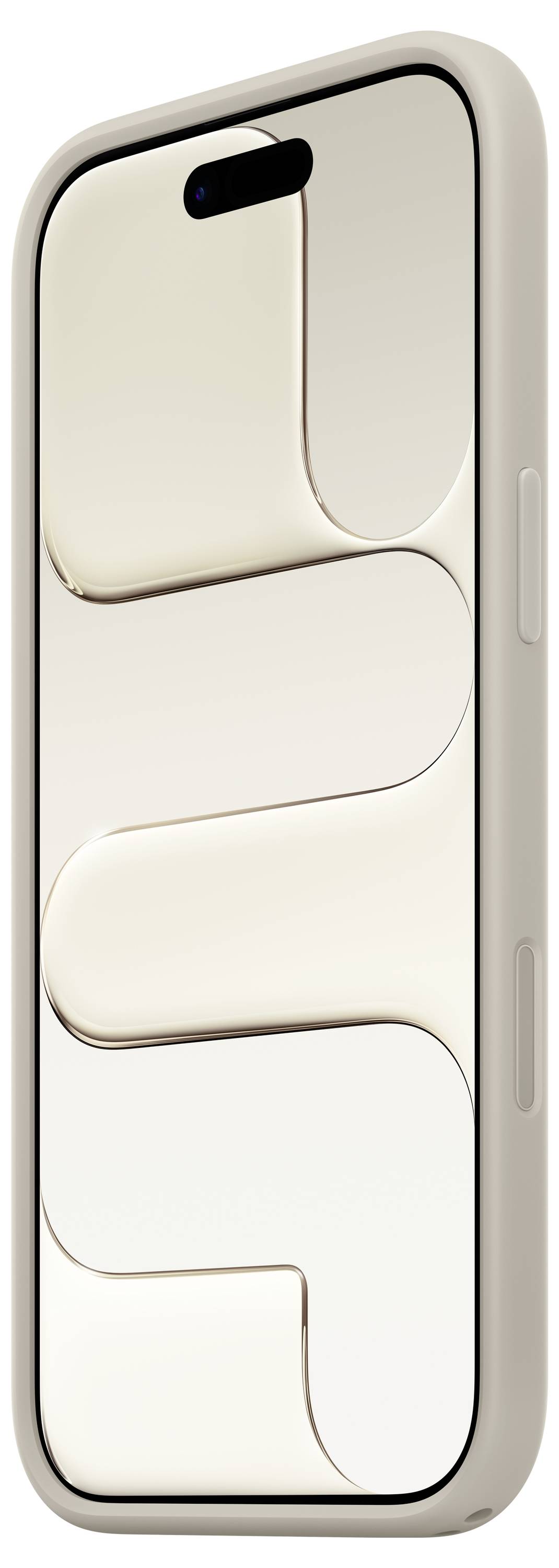 A smartphone with a beige case and a screen displaying an abstract beige pattern with curved designs.